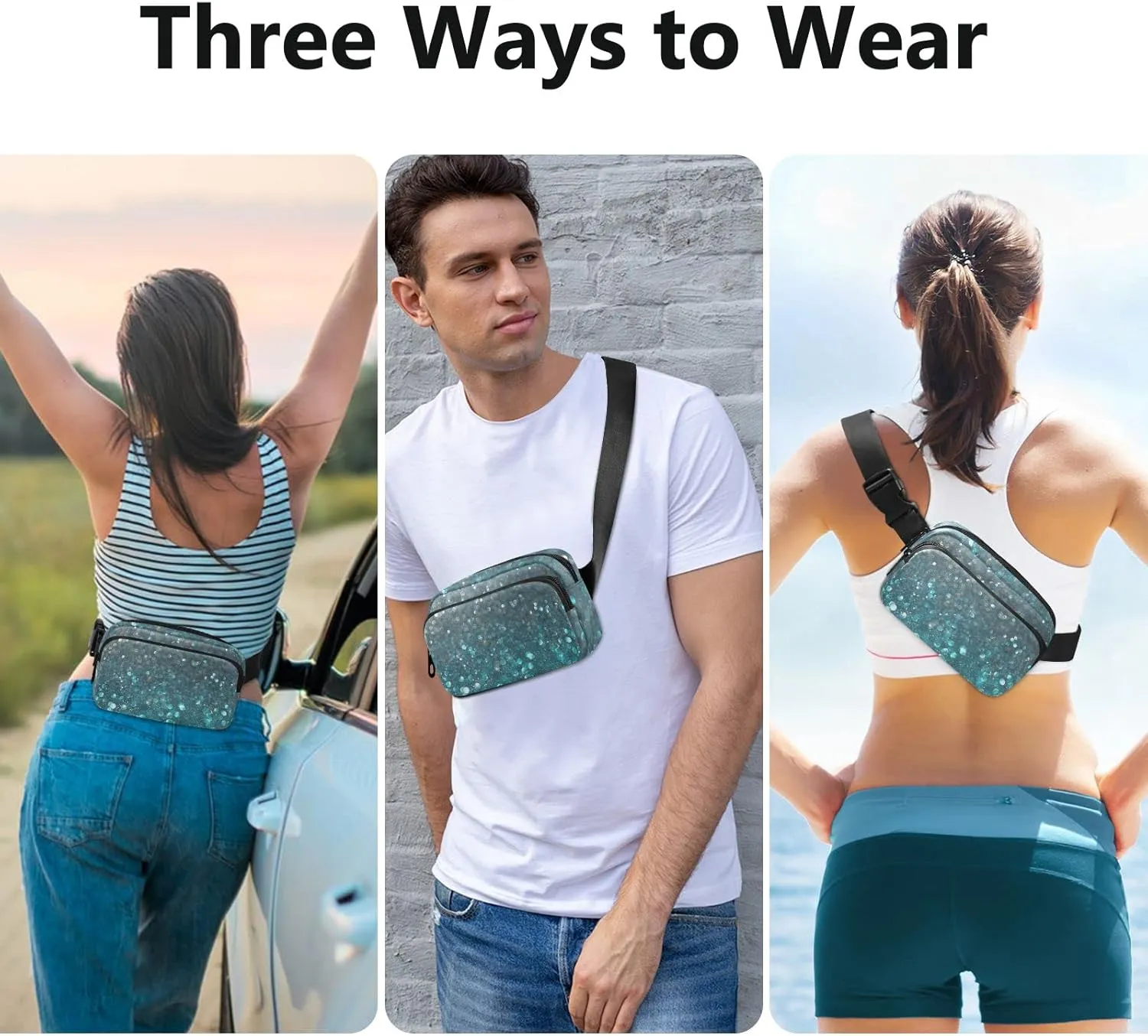 Oyihfvs Turquoise Blue and Silver White Defocused Lights Background Adjustable Fanny Waist Pack Pouch, Waterproof Runners Sports Waist Pack Wallet for Sports Hiking Fitness Cycling Gym Women Men