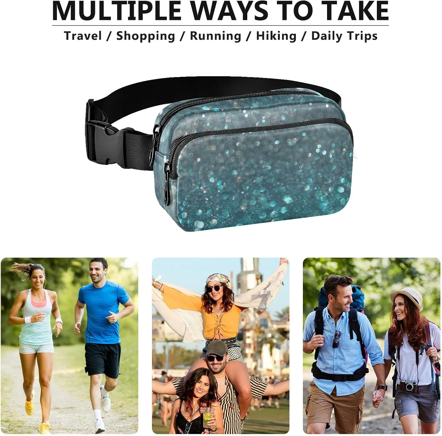 Oyihfvs Turquoise Blue and Silver White Defocused Lights Background Adjustable Fanny Waist Pack Pouch, Waterproof Runners Sports Waist Pack Wallet for Sports Hiking Fitness Cycling Gym Women Men