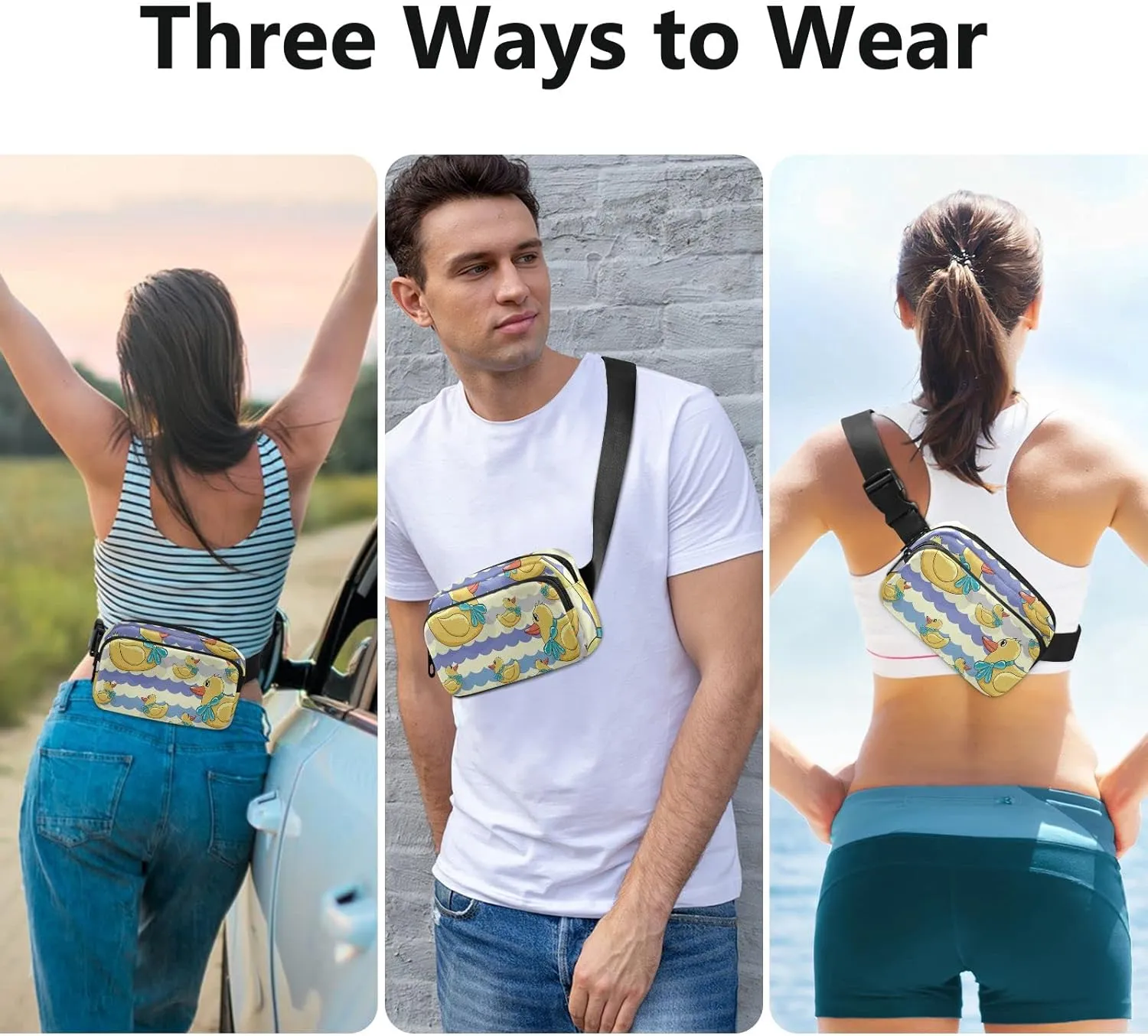 Oyihfvs Yellow Ducks with Turquoise Bow Tie Purple Chevron Adjustable Fanny Waist Pack Pouch, Waterproof Runners Sports Waist Pack Wallet for Sports Hiking Fitness Cycling Gym Women Men