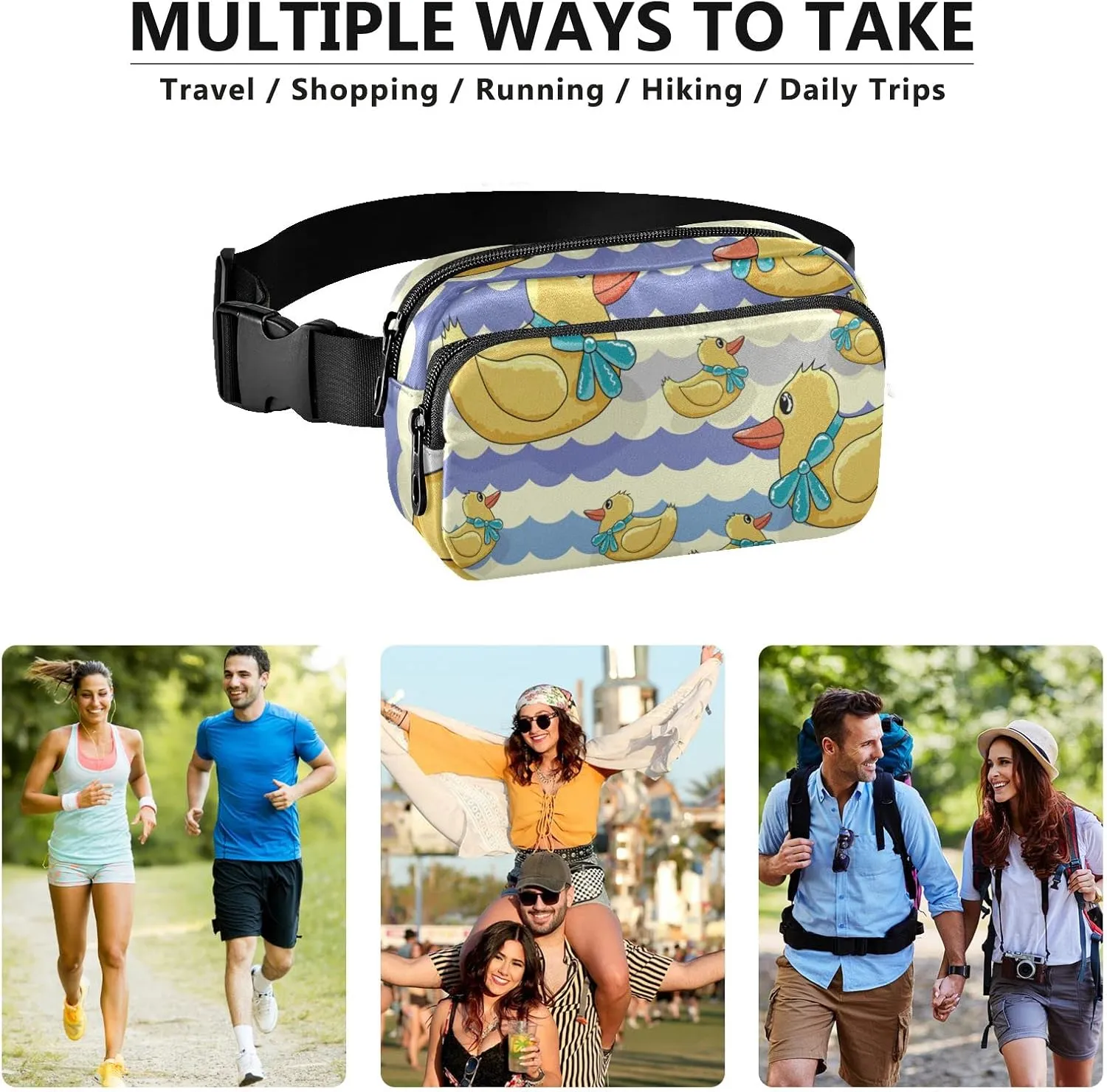 Oyihfvs Yellow Ducks with Turquoise Bow Tie Purple Chevron Adjustable Fanny Waist Pack Pouch, Waterproof Runners Sports Waist Pack Wallet for Sports Hiking Fitness Cycling Gym Women Men