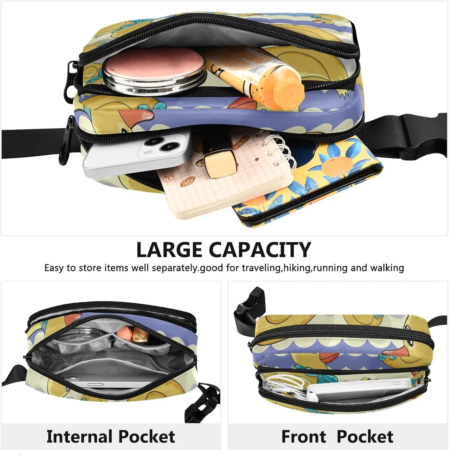 Oyihfvs Yellow Ducks with Turquoise Bow Tie Purple Chevron Adjustable Fanny Waist Pack Pouch, Waterproof Runners Sports Waist Pack Wallet for Sports Hiking Fitness Cycling Gym Women Men