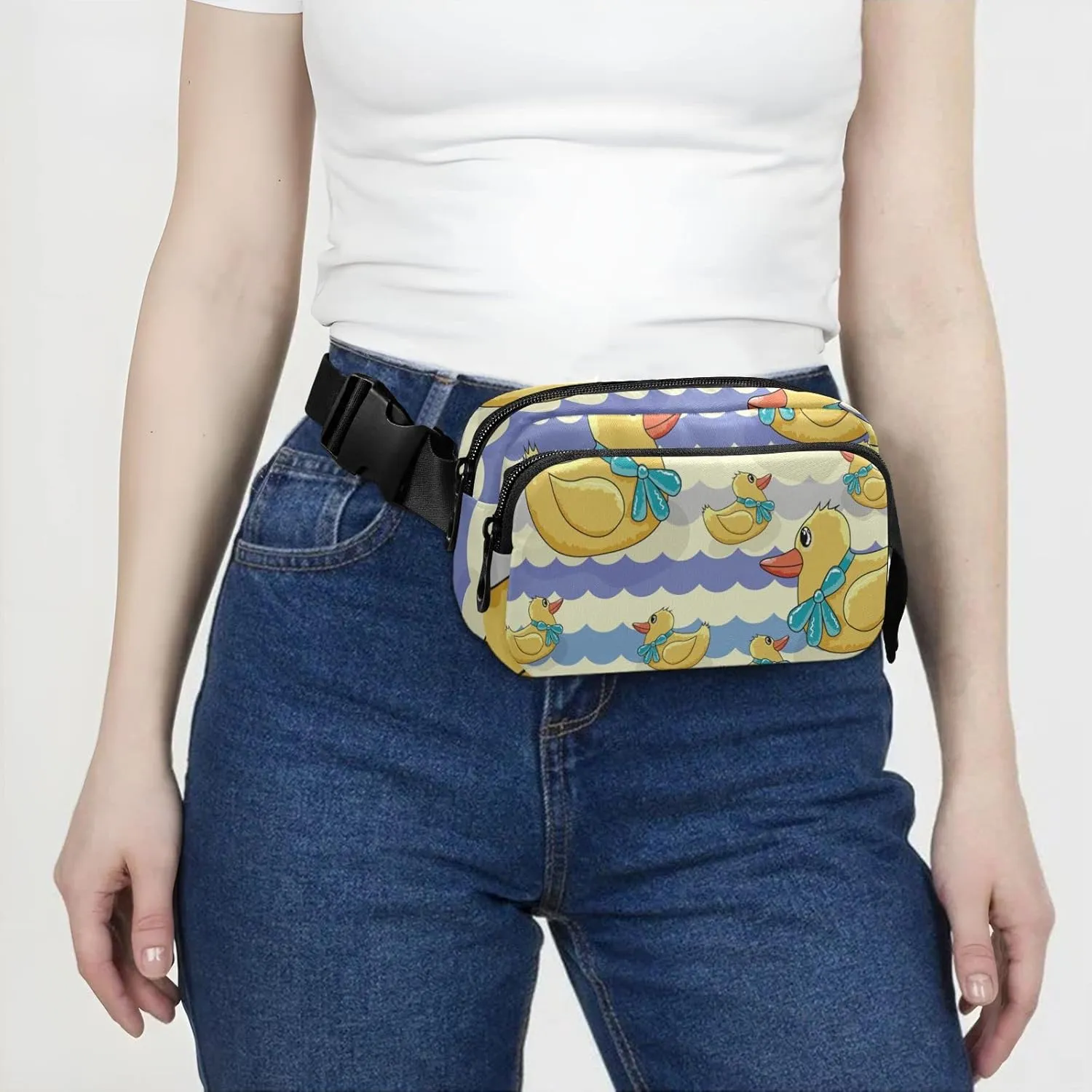 Oyihfvs Yellow Ducks with Turquoise Bow Tie Purple Chevron Adjustable Fanny Waist Pack Pouch, Waterproof Runners Sports Waist Pack Wallet for Sports Hiking Fitness Cycling Gym Women Men