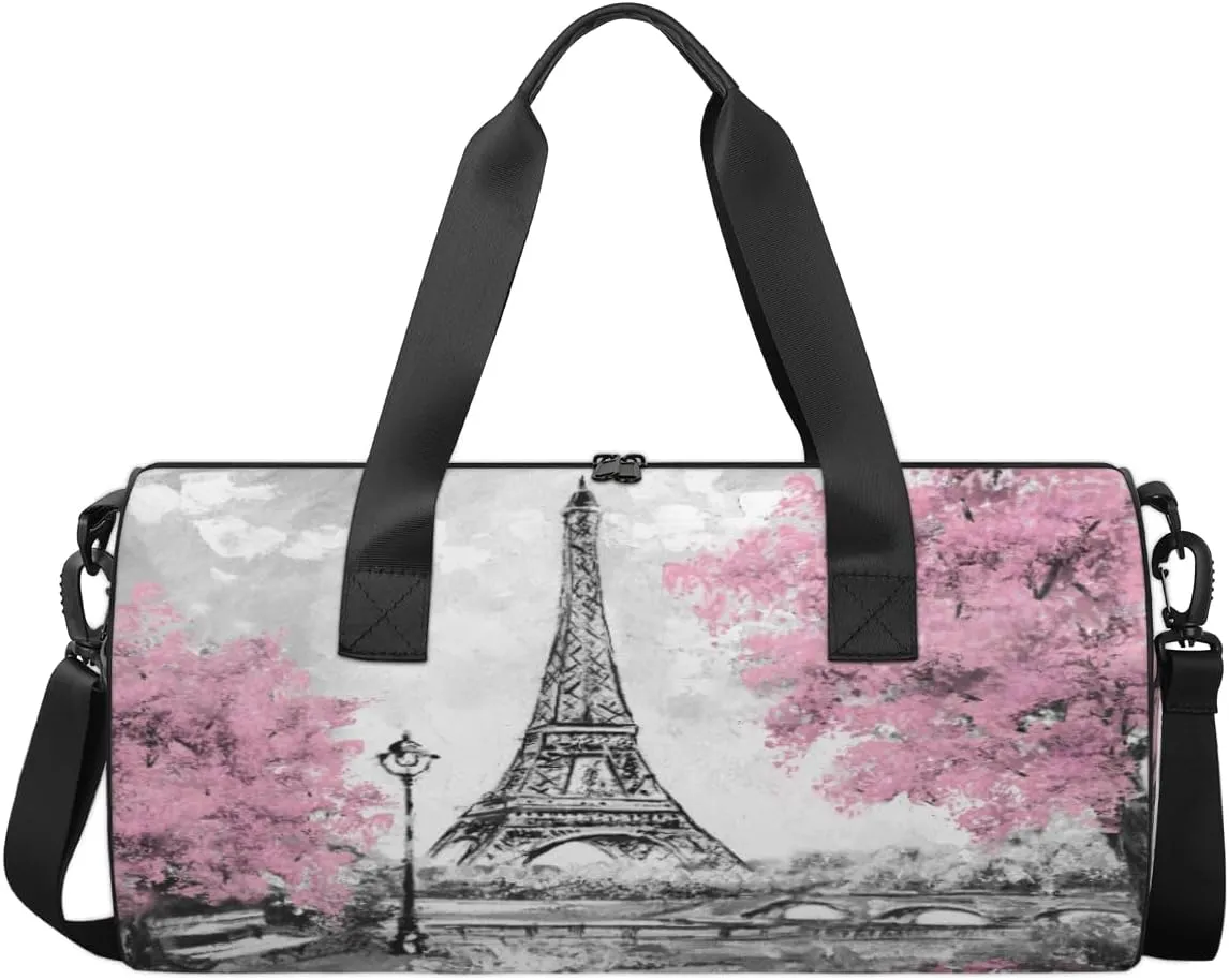 Paris Eiffel Tower Travel Duffel Bag France Pink Flowers Sports Gym Bag Men Women Sports Travel Luggage Bag 17.6”×9”×9 “ Duffel Bag Weekend Overnight Gym Bag Nvenient For Carrying