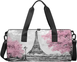 Paris Eiffel Tower Travel Duffel Bag France Pink Flowers Sports Gym Bag Men Women Sports Travel Luggage Bag 17.6”×9”×9 “ Duffel Bag Weekend Overnight Gym Bag Nvenient For Carrying