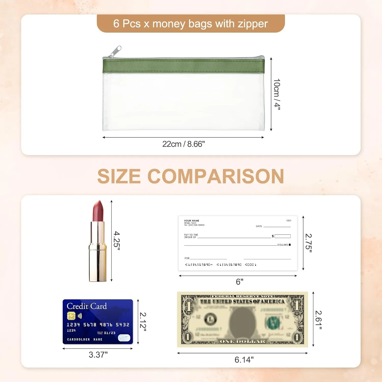 PATIKIL 8.7x3.9 Inch Money Bags with Zipper, 6 Pcs Clear PVC Cash Deposit Bank Pouch Envelopes Makeup Bag Check Wallet for Coin Cosmetics Bill, Green