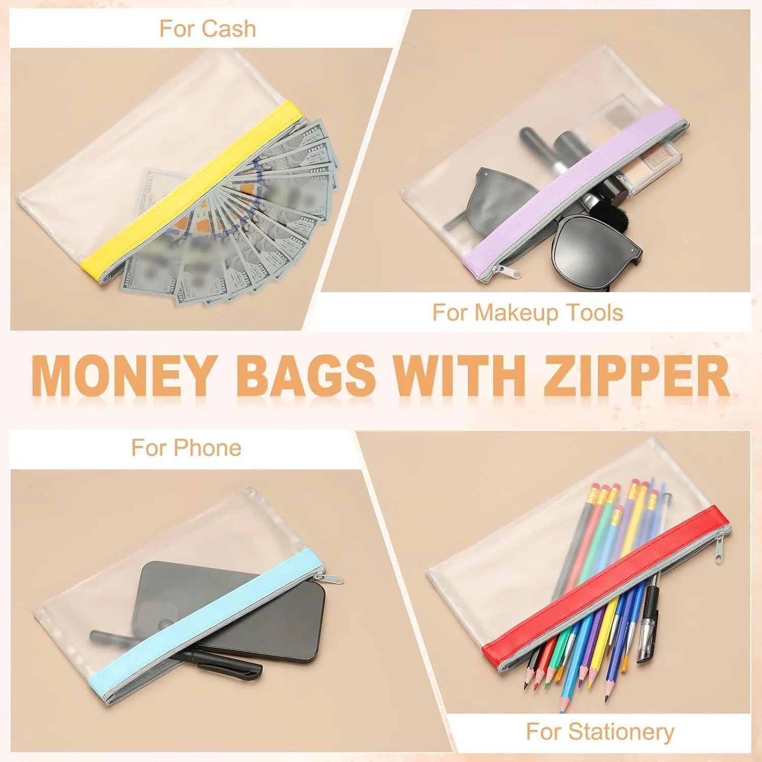 PATIKIL 8.7x3.9 Inch Money Bags with Zipper, 6 Pcs Clear PVC Cash Deposit Bank Pouch Envelopes Makeup Bag Check Wallet for Coin Cosmetics Bill, Green