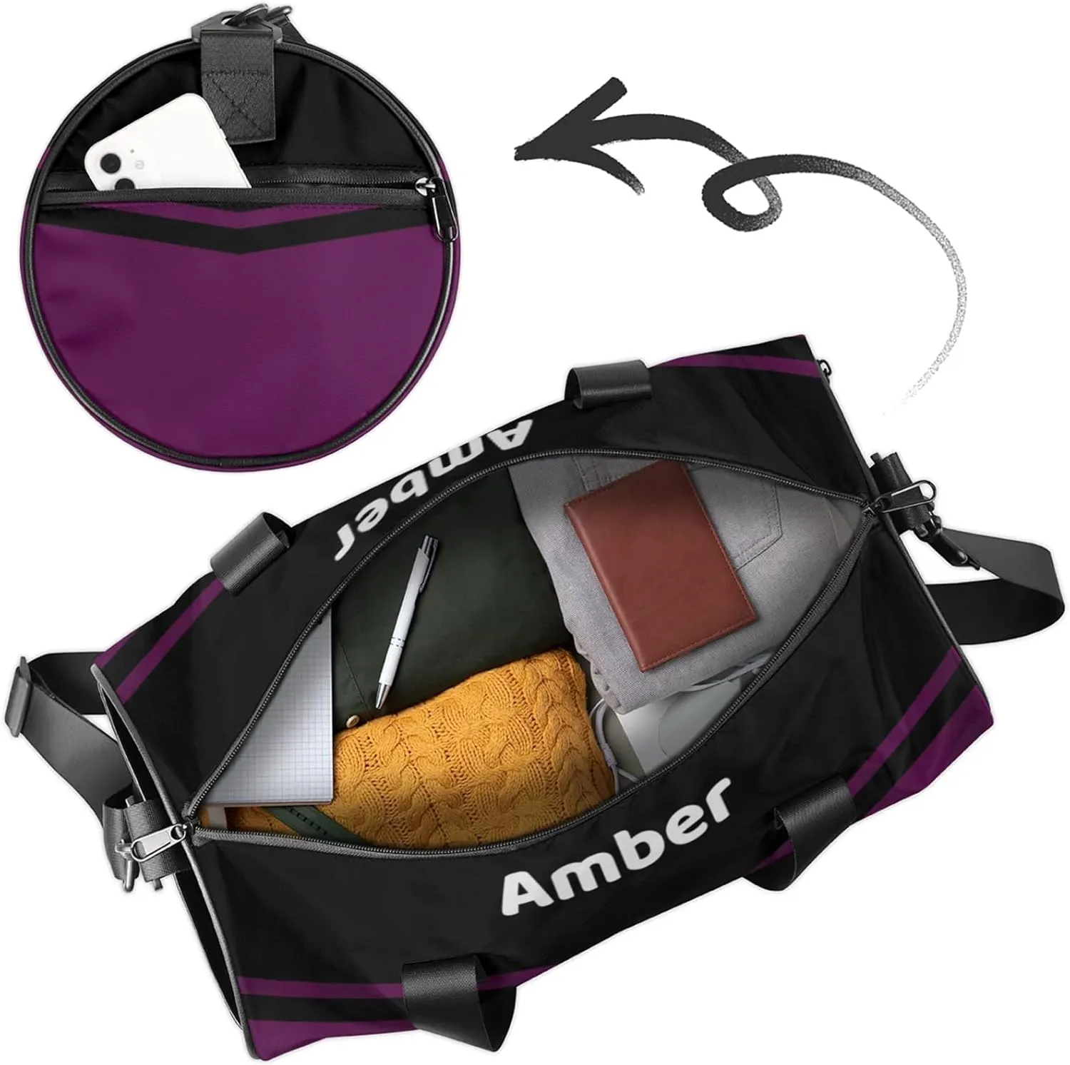 Personalized Cheer Bag for Women, Custom Name Overnight Duffel Bags Sport Gym Bag Travel Weekender Bag for Cheerleader Team Gifts, Black Dark Purple
