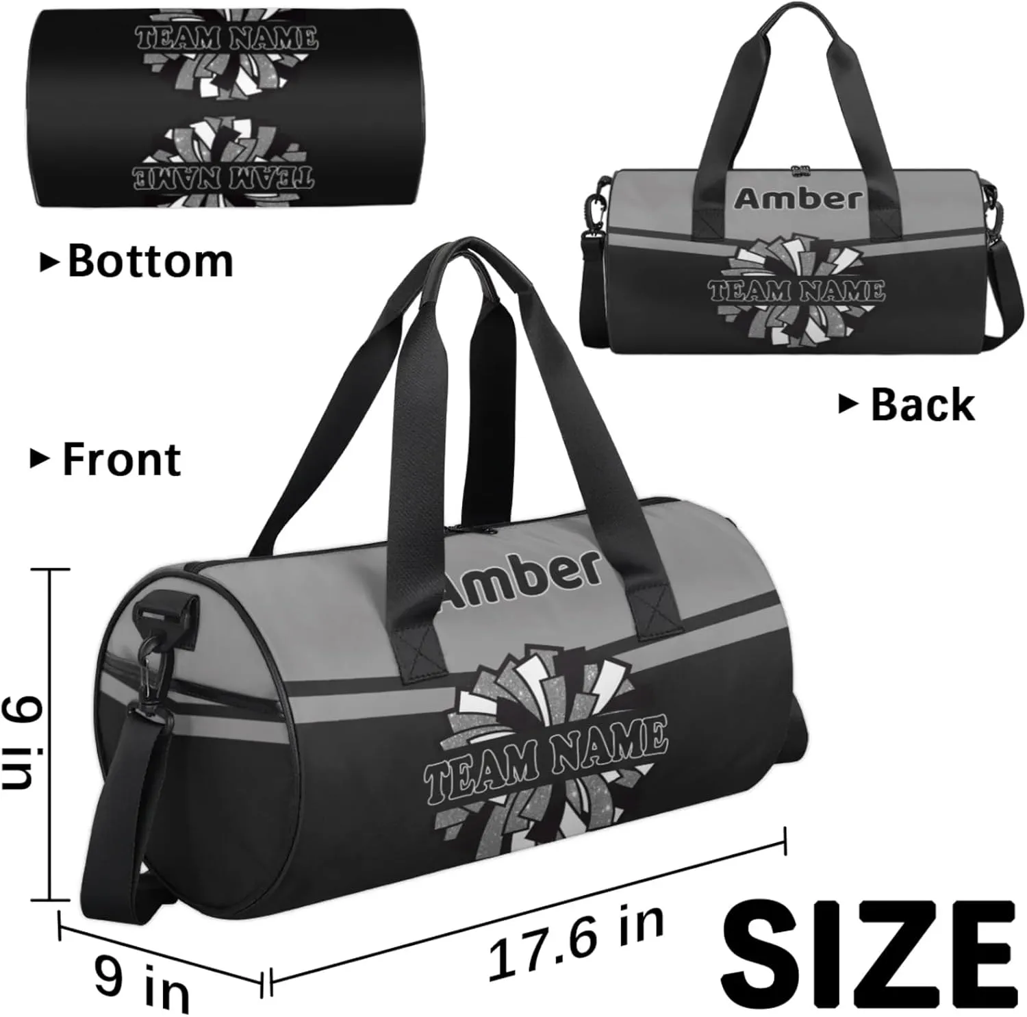 Personalized Cheer Bag for Women, Custom Name Overnight Duffel Bags Sport Gym Bag Travel Weekender Bag for Cheerleader Team Gifts, Black Gray