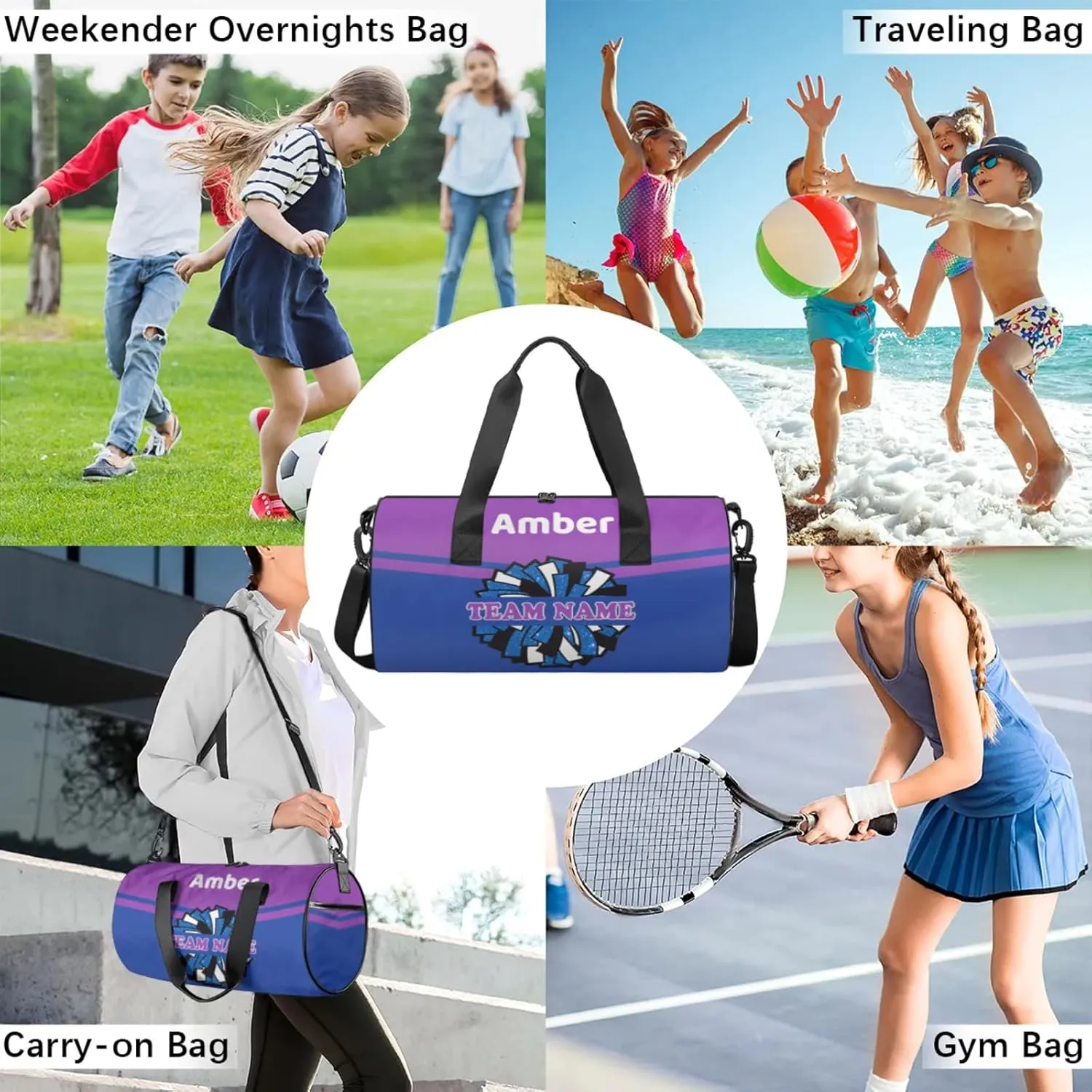 Personalized Cheer Bag for Women, Custom Name Overnight Duffel Bags Sport Gym Bag Travel Weekender Bag for Cheerleader Team Gifts, Blue Purple
