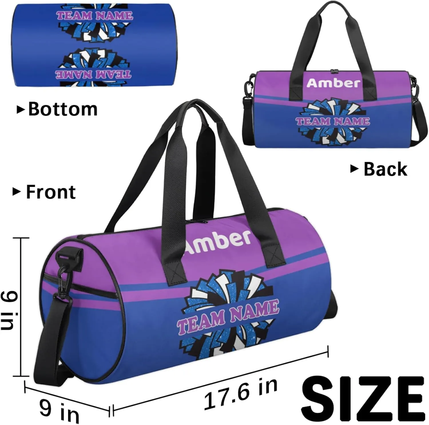 Personalized Cheer Bag for Women, Custom Name Overnight Duffel Bags Sport Gym Bag Travel Weekender Bag for Cheerleader Team Gifts, Blue Purple