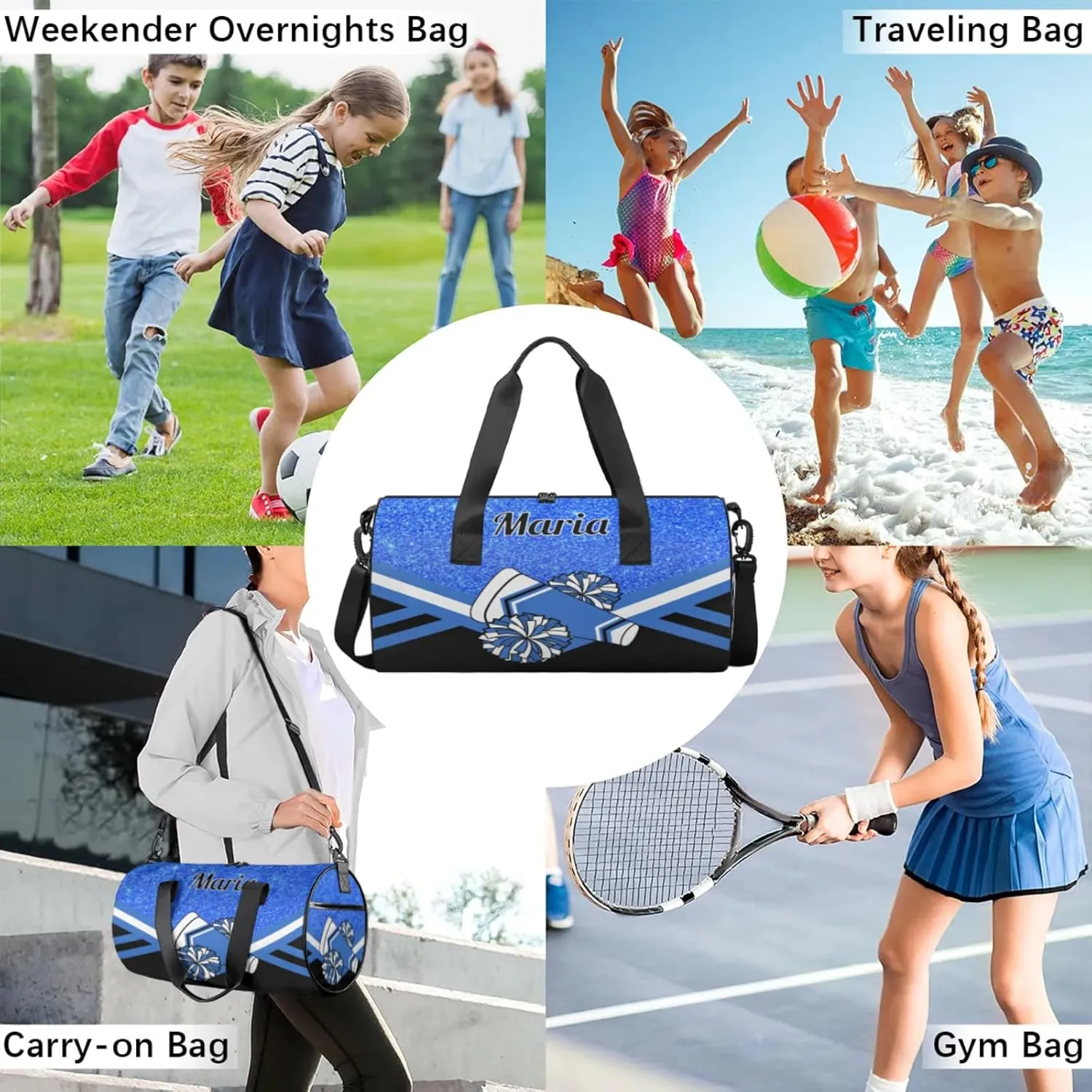 Personalized Cheer Bag for Women, Custom Overnight Duffel Bags Sport Gym Bag Travel Weekender Bag for Cheerleader Team Gifts, Blue Glitter
