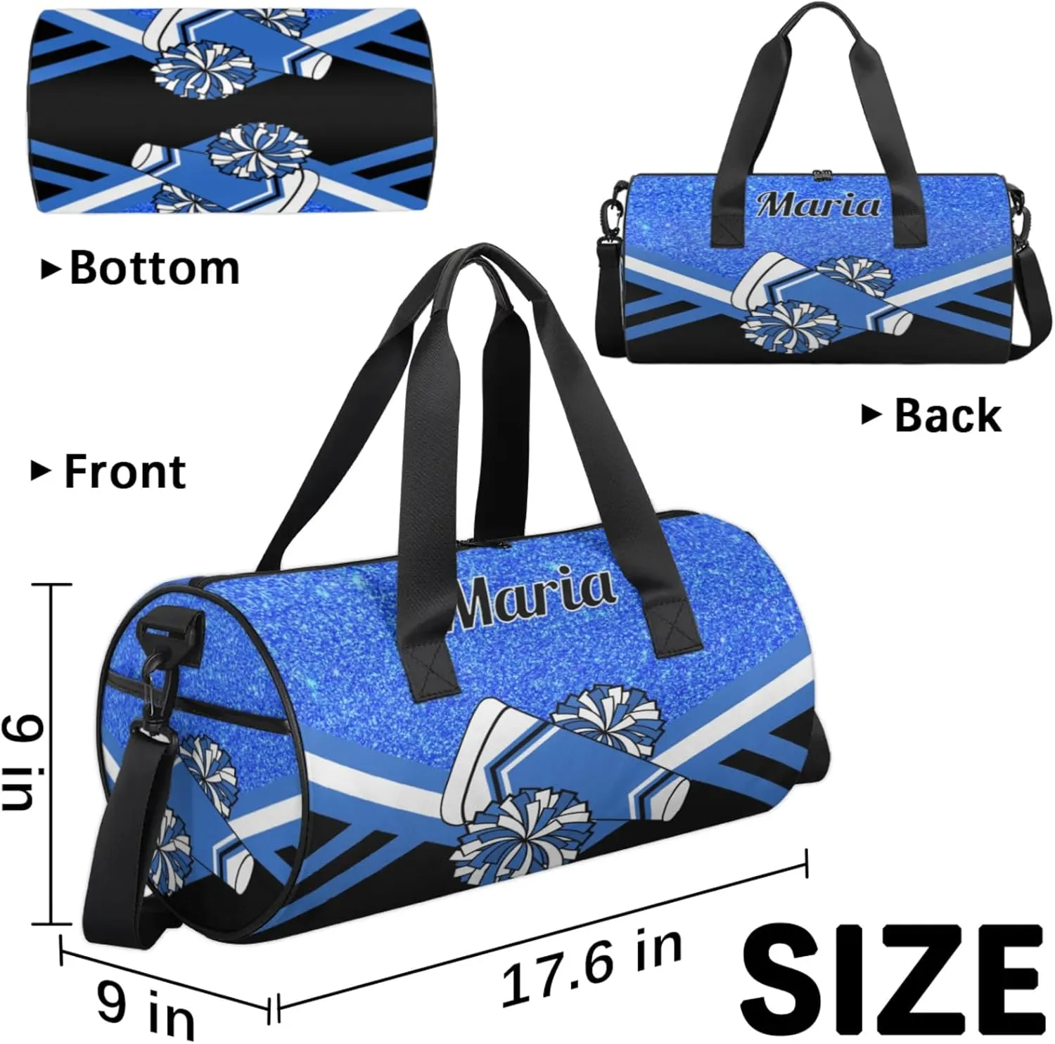Personalized Cheer Bag for Women, Custom Overnight Duffel Bags Sport Gym Bag Travel Weekender Bag for Cheerleader Team Gifts, Blue Glitter
