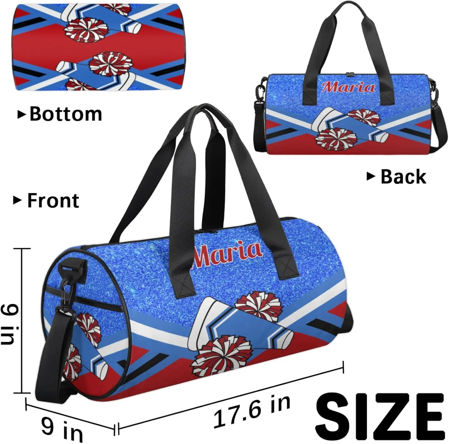 Personalized Cheer Bag for Women, Custom Overnight Duffel Bags Sport Gym Bag Travel Weekender Bag for Cheerleader Team Gifts, Blue Red