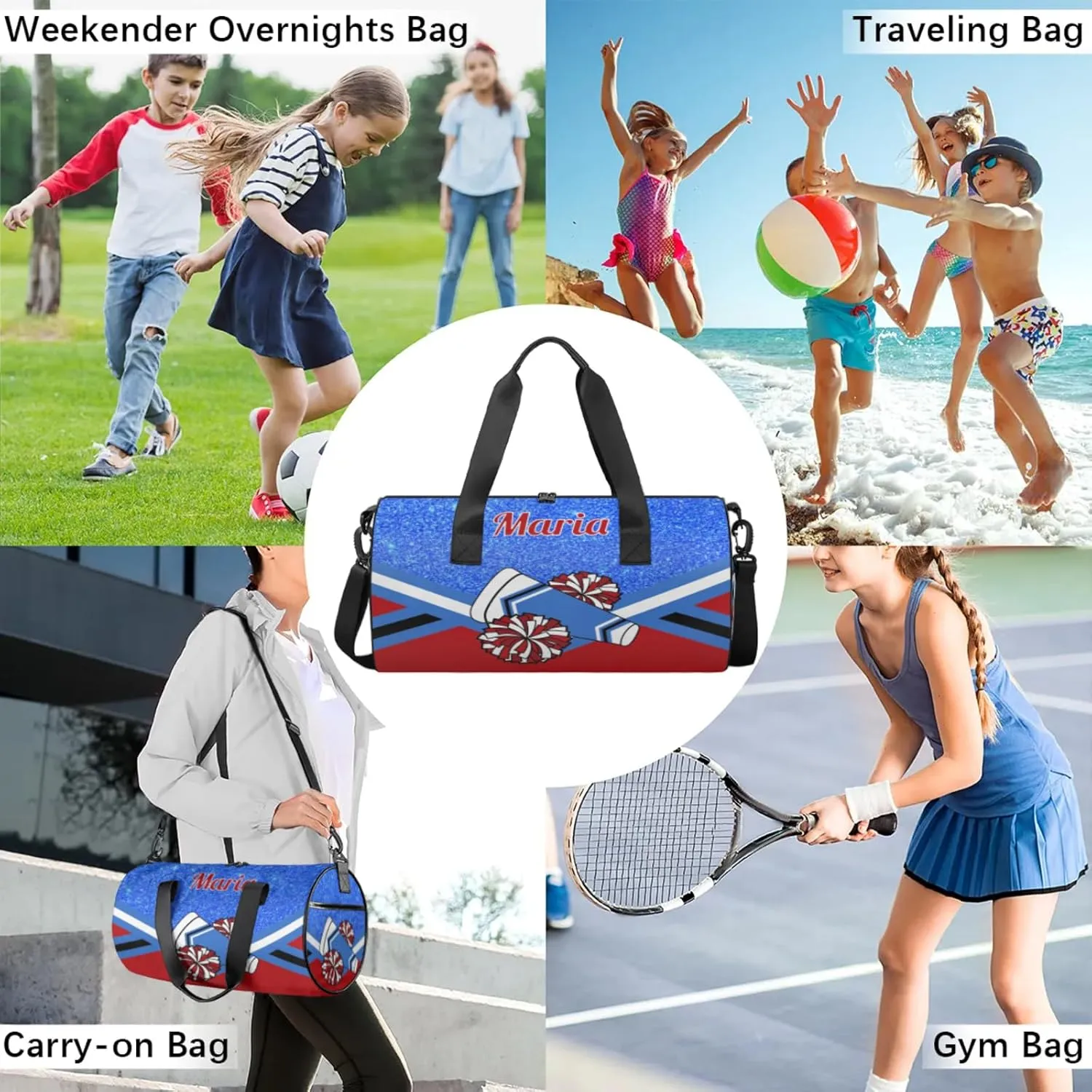 Personalized Cheer Bag for Women, Custom Overnight Duffel Bags Sport Gym Bag Travel Weekender Bag for Cheerleader Team Gifts, Blue Red