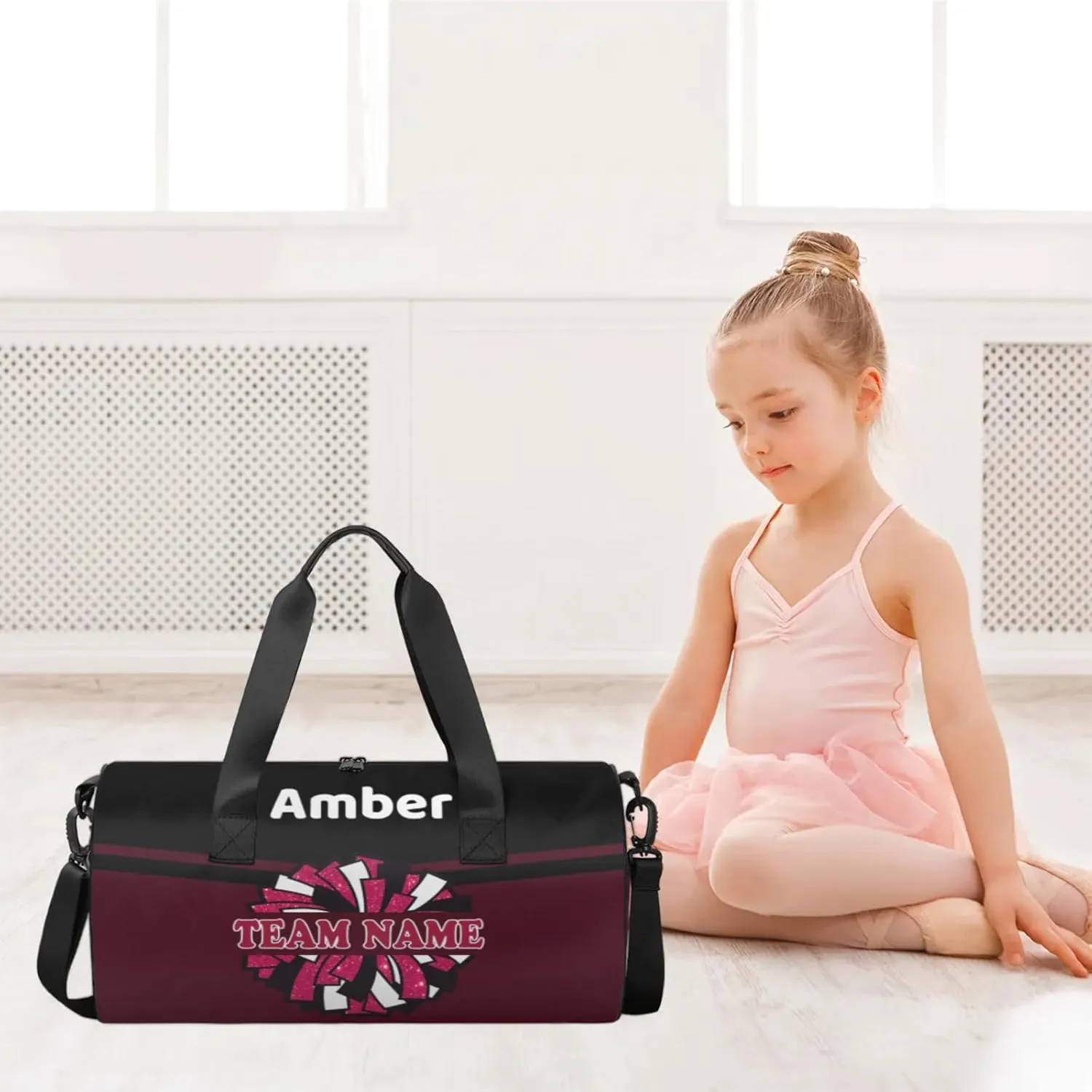 Personalized Cheer Bag with Name, Custom Overnight Duffel Bags Sport Gym Bag Travel Weekender Bag for Cheerleader Team Gifts, Black Dark Red