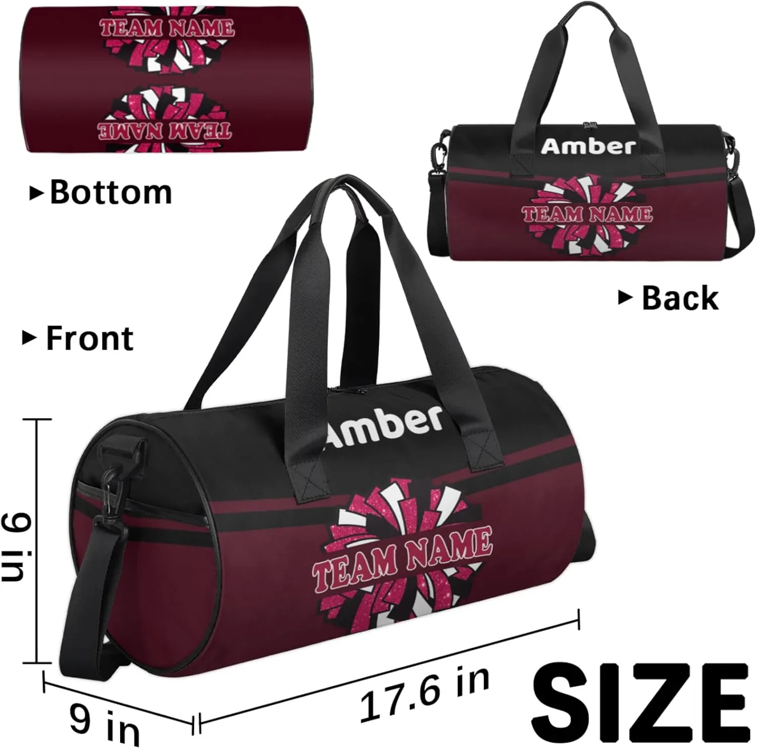 Personalized Cheer Bag with Name, Custom Overnight Duffel Bags Sport Gym Bag Travel Weekender Bag for Cheerleader Team Gifts, Black Dark Red