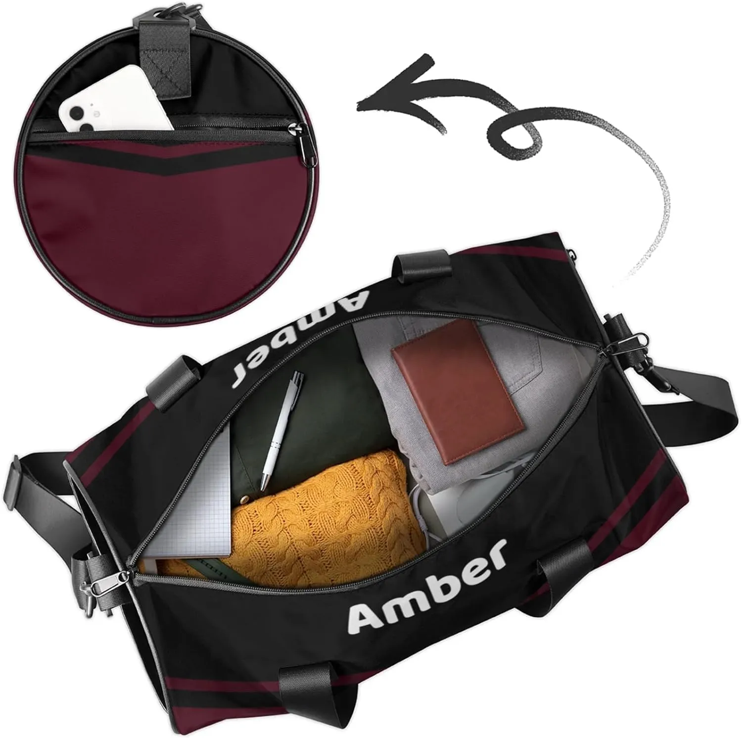 Personalized Cheer Bag with Name, Custom Overnight Duffel Bags Sport Gym Bag Travel Weekender Bag for Cheerleader Team Gifts, Black Dark Red