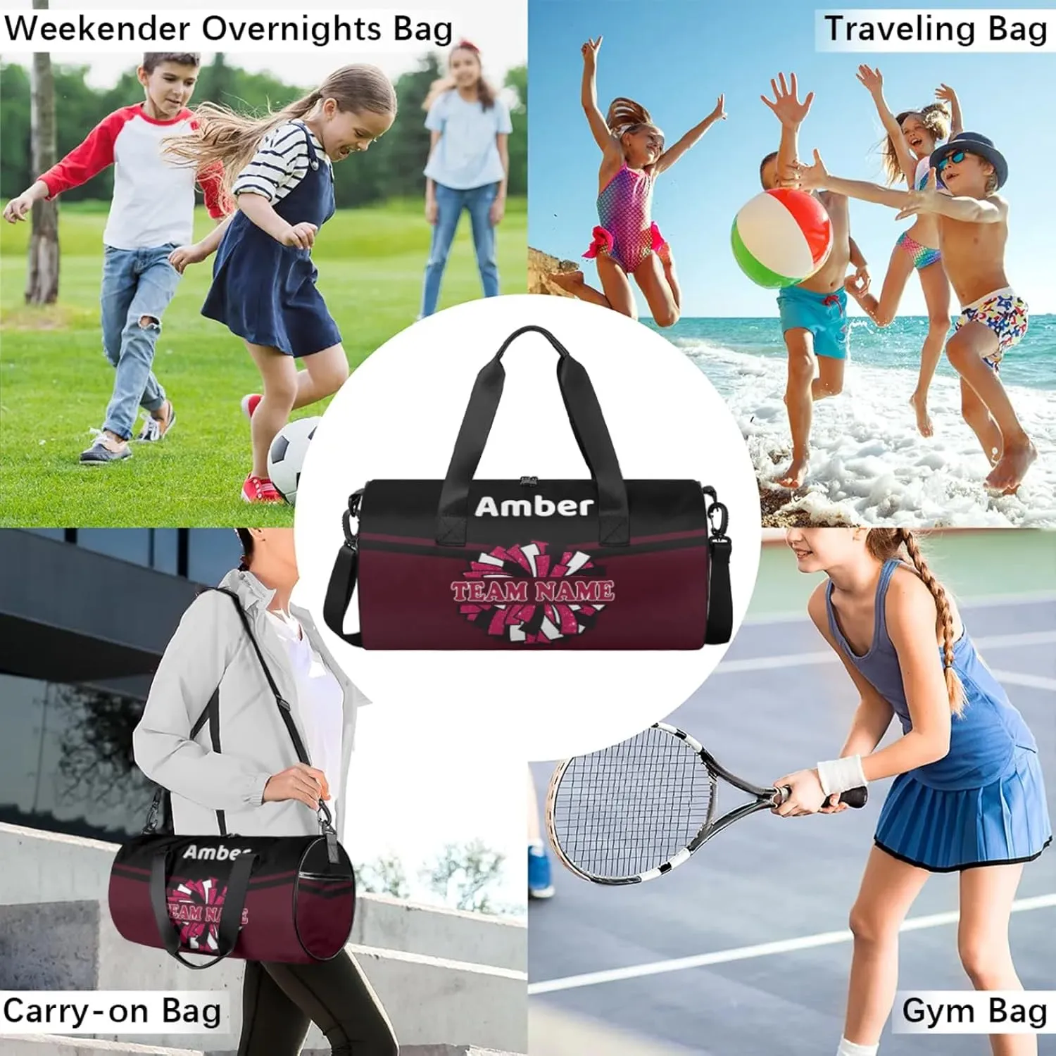 Personalized Cheer Bag with Name, Custom Overnight Duffel Bags Sport Gym Bag Travel Weekender Bag for Cheerleader Team Gifts, Black Dark Red