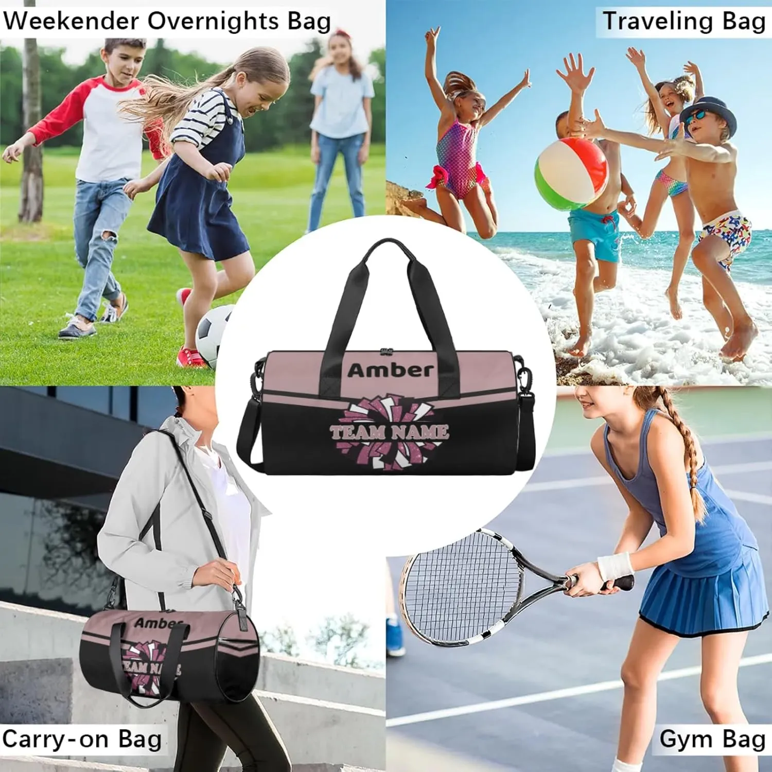 Personalized Cheer Bag with Name, Custom Overnight Duffel Bags Sport Gym Bag Travel Weekender Bag for Cheerleader Team Gifts, Black Light Purple