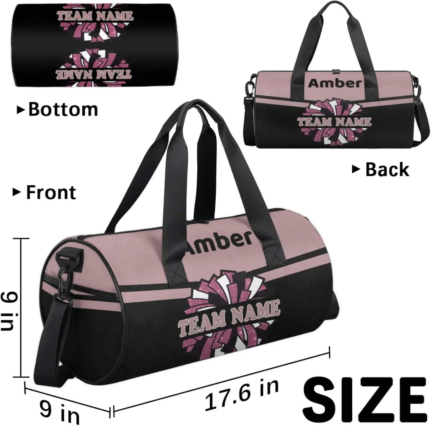 Personalized Cheer Bag with Name, Custom Overnight Duffel Bags Sport Gym Bag Travel Weekender Bag for Cheerleader Team Gifts, Black Light Purple