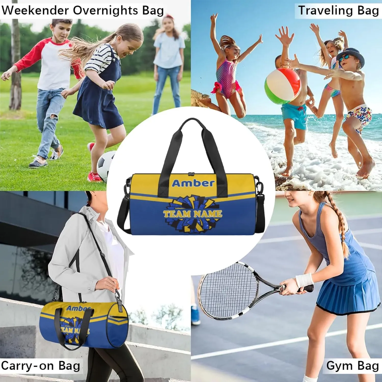 Personalized Cheer Bag with Name, Custom Overnight Duffel Bags Sport Gym Bag Travel Weekender Bag for Cheerleader Team Gifts, Navy Yellow