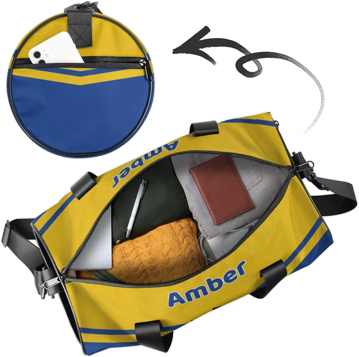 Personalized Cheer Bag with Name, Custom Overnight Duffel Bags Sport Gym Bag Travel Weekender Bag for Cheerleader Team Gifts, Navy Yellow