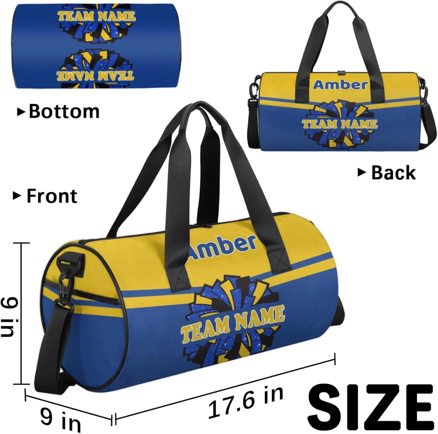 Personalized Cheer Bag with Name, Custom Overnight Duffel Bags Sport Gym Bag Travel Weekender Bag for Cheerleader Team Gifts, Navy Yellow