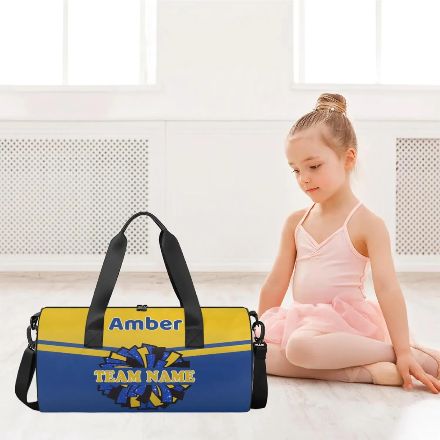 Personalized Cheer Bag with Name, Custom Overnight Duffel Bags Sport Gym Bag Travel Weekender Bag for Cheerleader Team Gifts, Navy Yellow