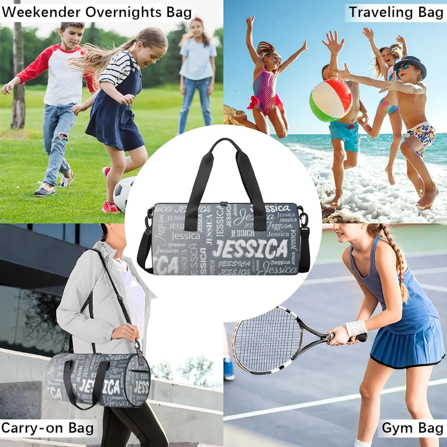 Personalized Sport Gym Bag with Name, Custom Overnight Duffel Bags Travel Weekender Bag for Women Men Gifts, Black Grey