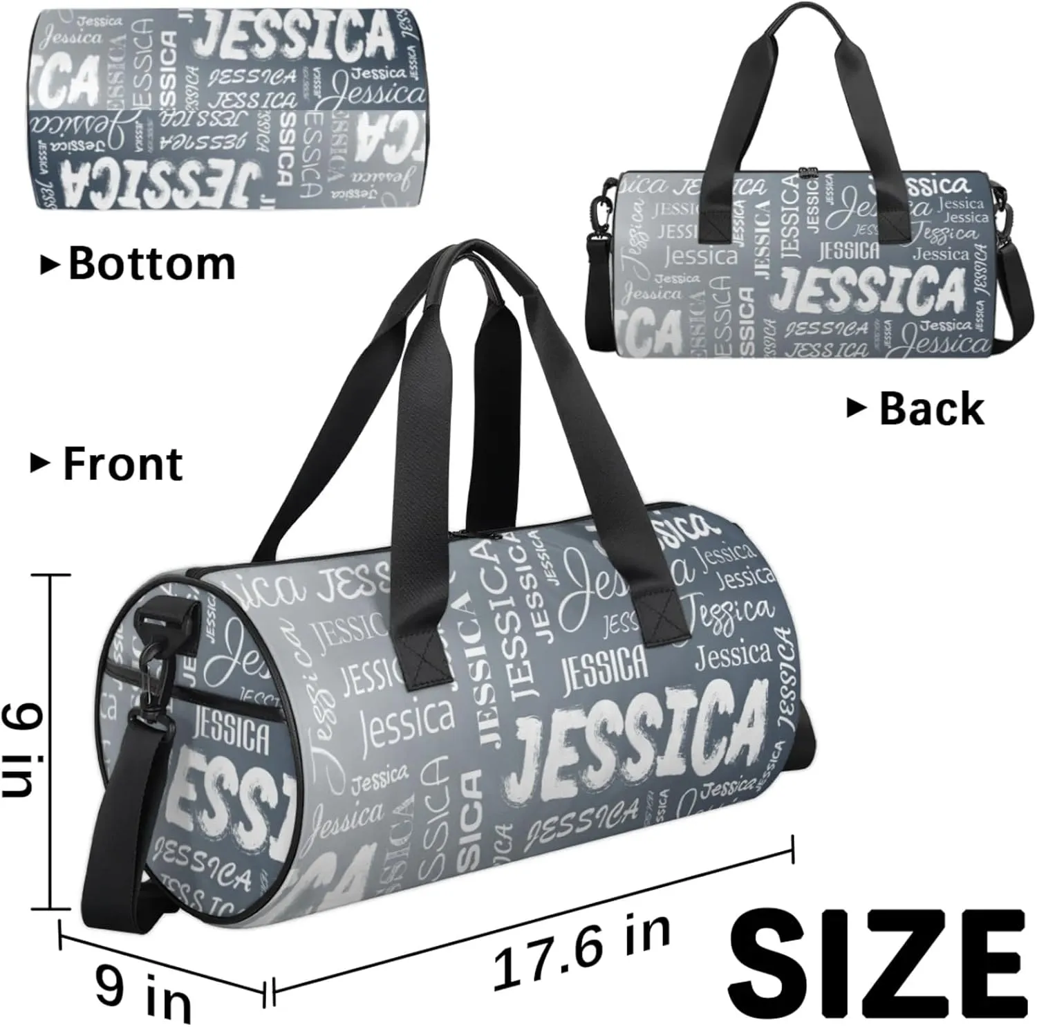 Personalized Sport Gym Bag with Name, Custom Overnight Duffel Bags Travel Weekender Bag for Women Men Gifts, Black Grey
