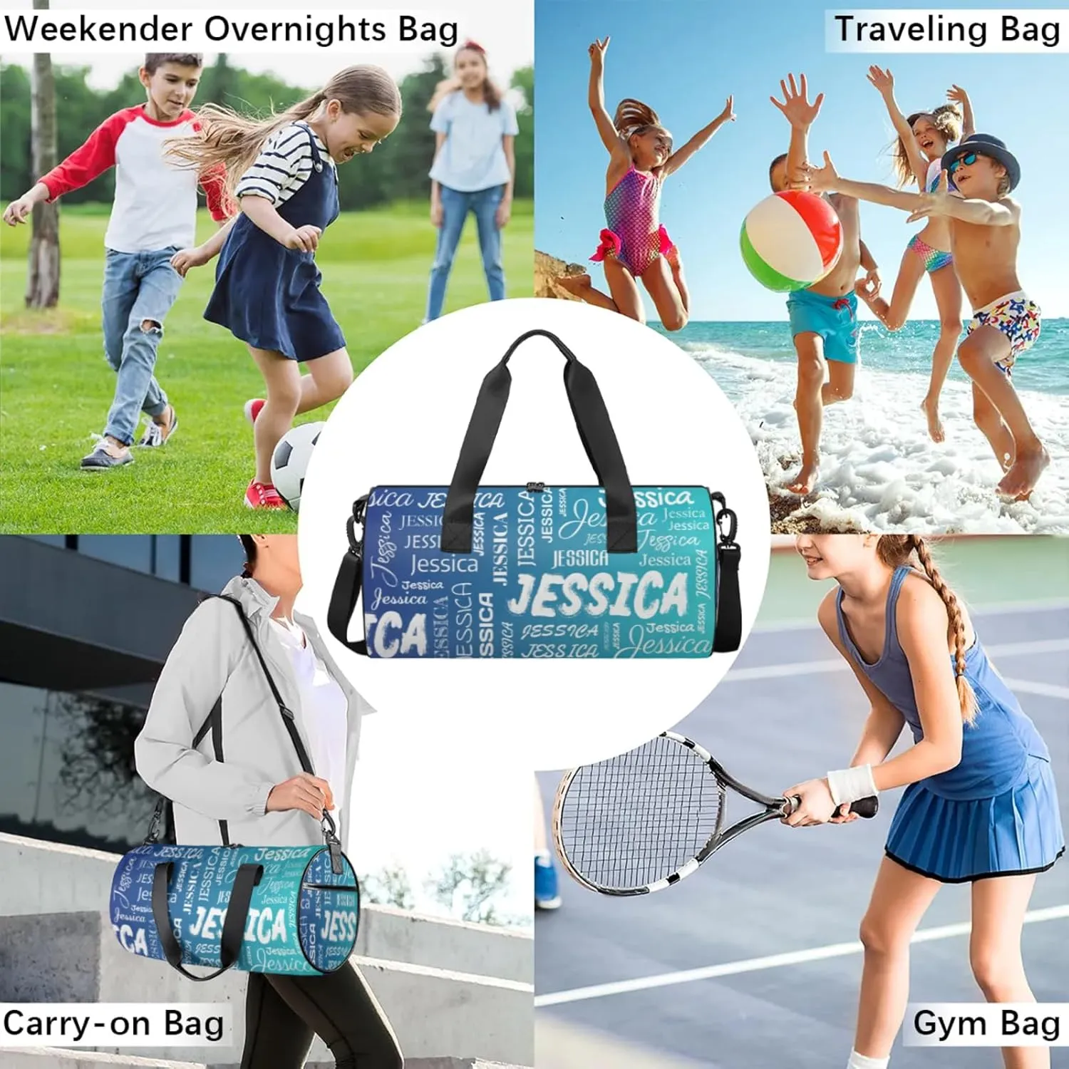 Personalized Sport Gym Bag with Name, Custom Overnight Duffel Bags Travel Weekender Bag for Women Men Gifts, Blue