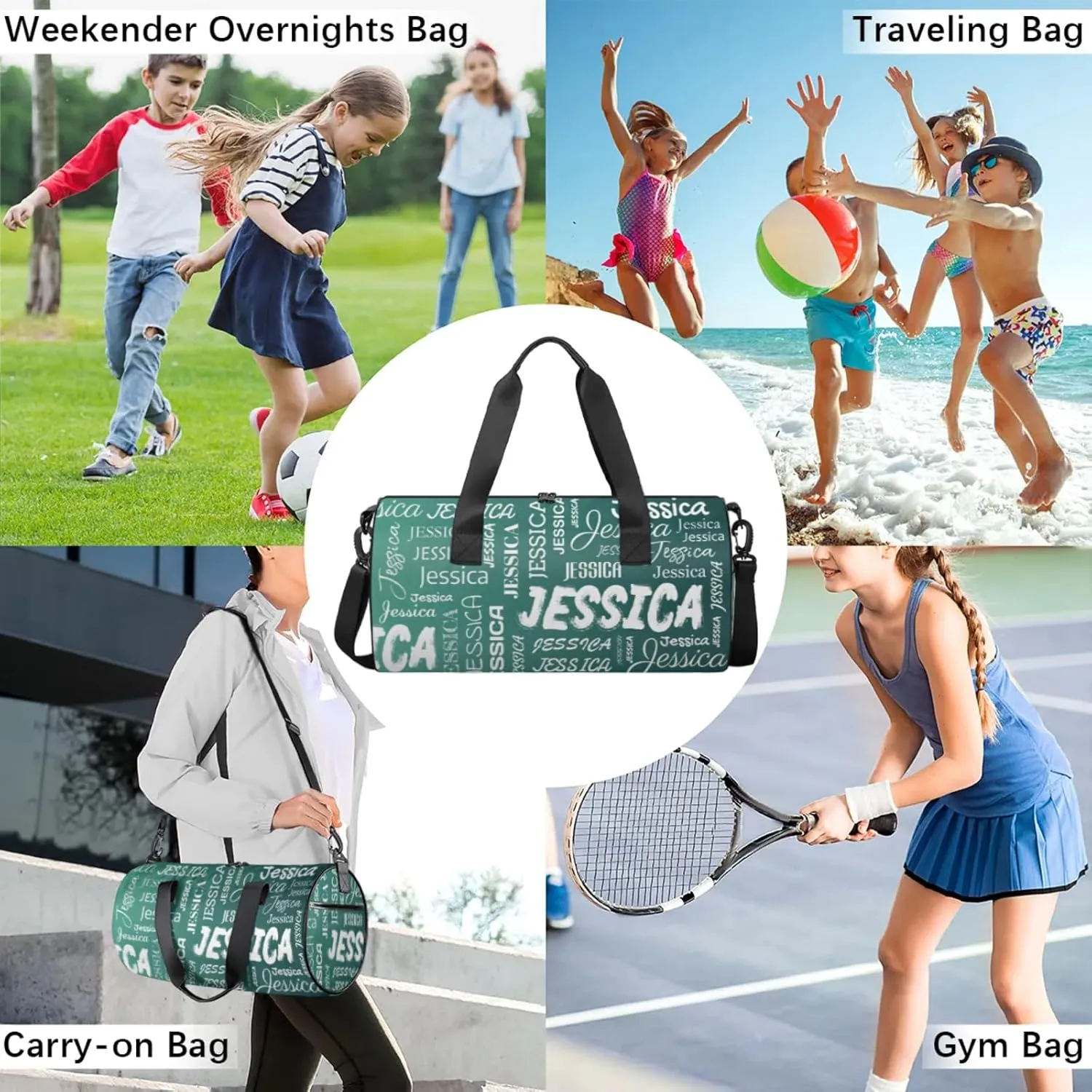 Personalized Sport Gym Bag with Name, Custom Overnight Duffel Bags Travel Weekender Bag for Women Men Gifts, Dark Green Blue