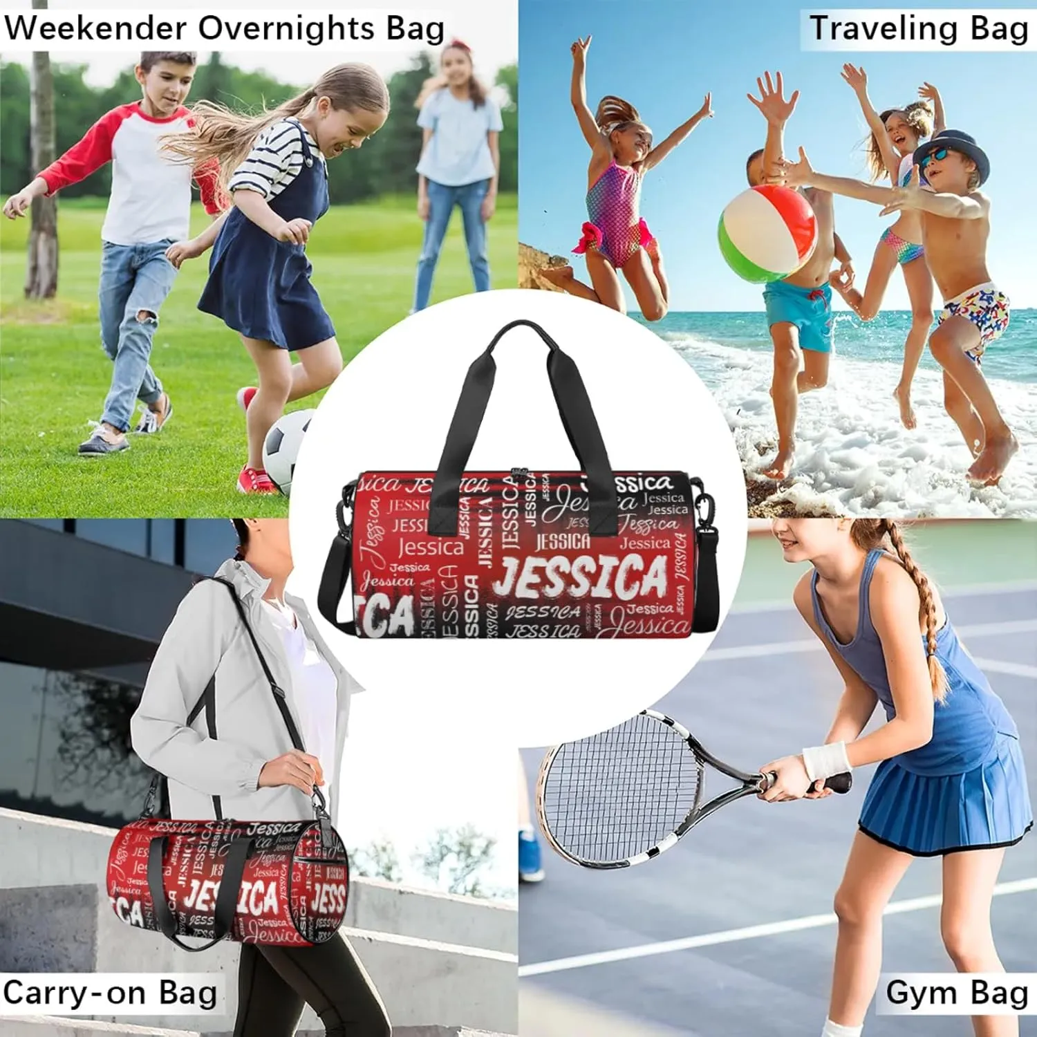 Personalized Sport Gym Bag with Name, Custom Overnight Duffel Bags Travel Weekender Bag for Women Men Team Gifts, Black Red