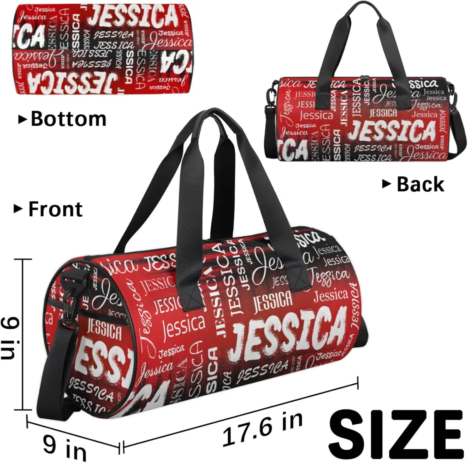 Personalized Sport Gym Bag with Name, Custom Overnight Duffel Bags Travel Weekender Bag for Women Men Team Gifts, Black Red