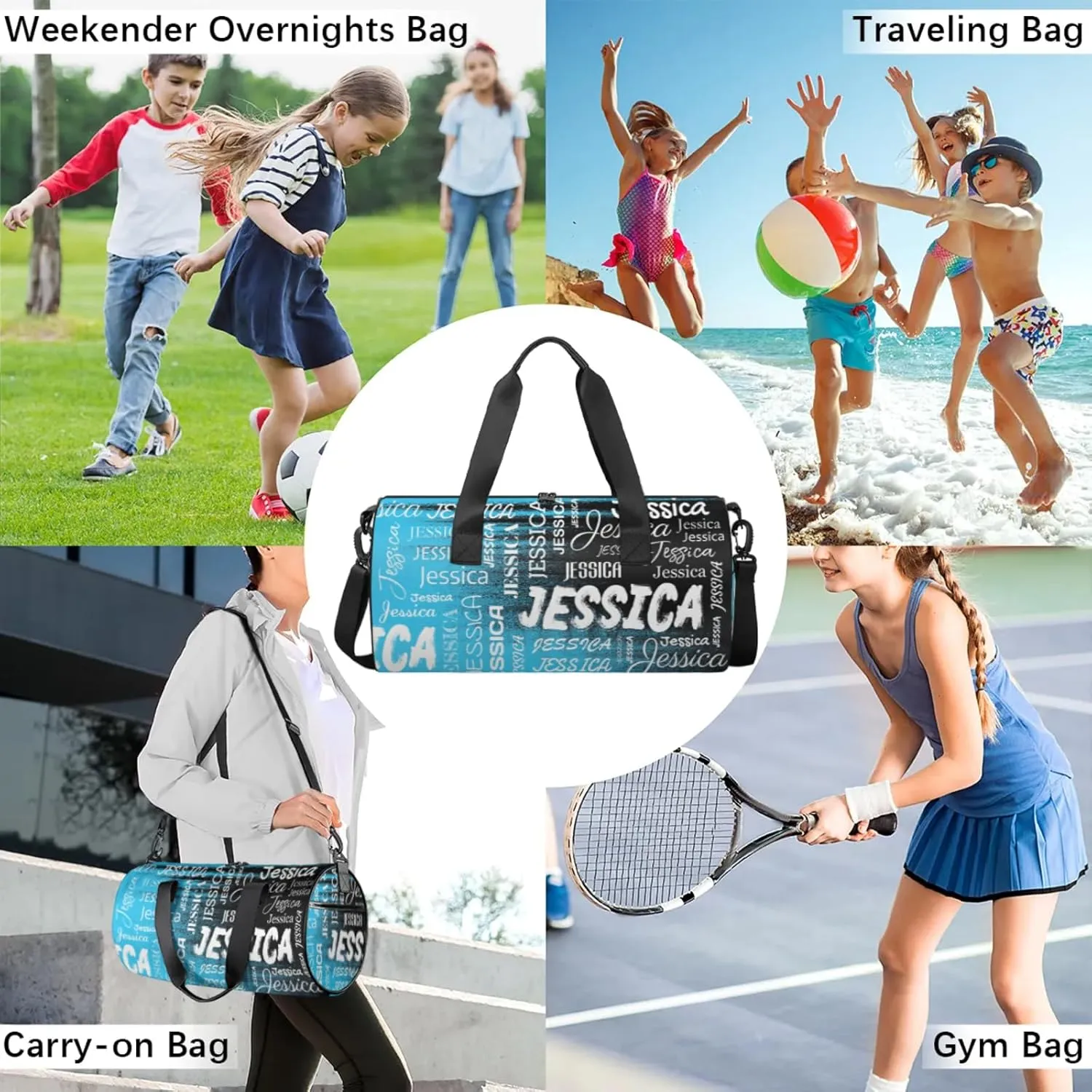 Personalized Sport Gym Bag with Name, Custom Overnight Duffel Bags Travel Weekender Bag for Women Men Team Gifts, Blue Black Print