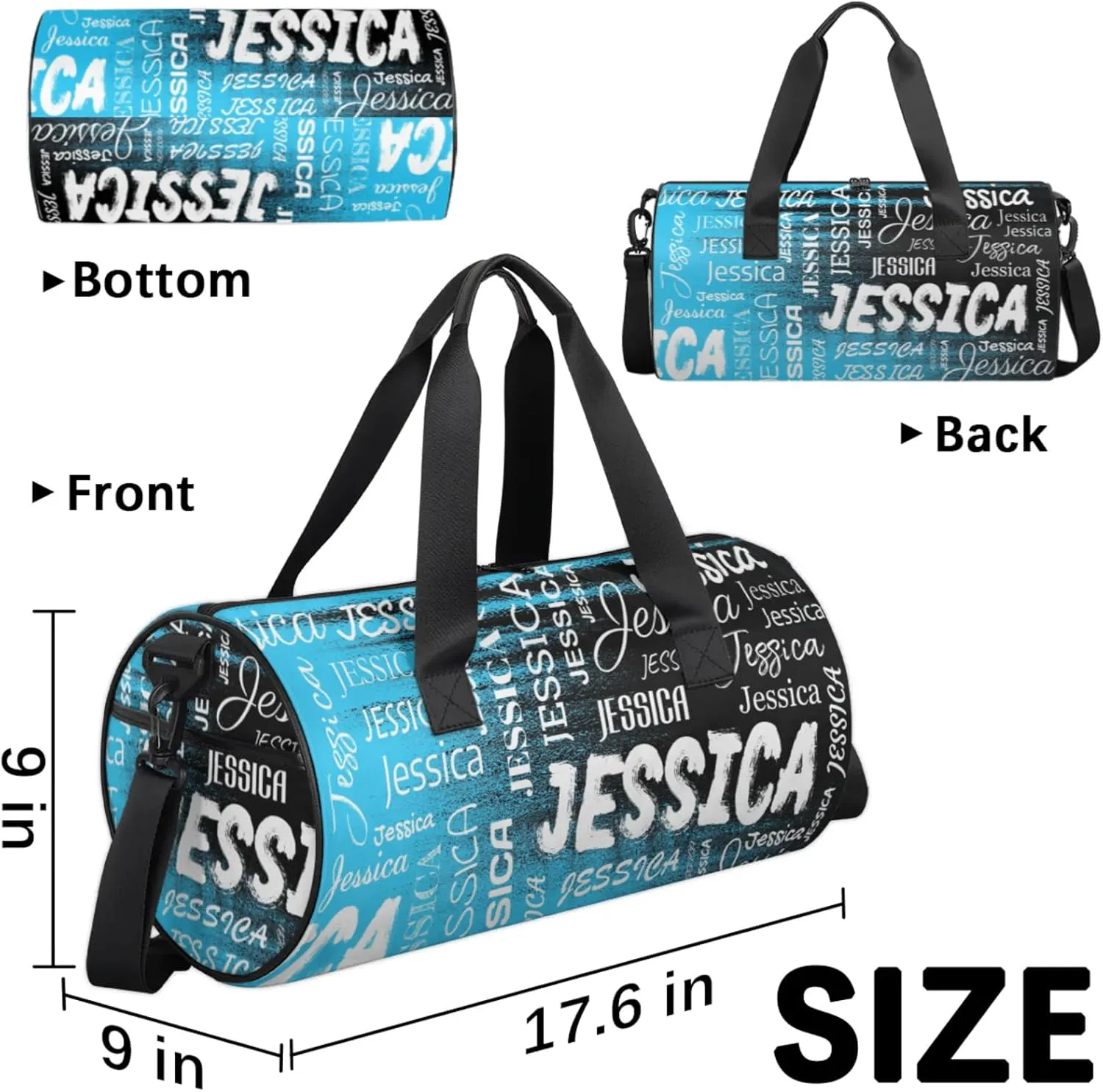 Personalized Sport Gym Bag with Name, Custom Overnight Duffel Bags Travel Weekender Bag for Women Men Team Gifts, Blue Black Print