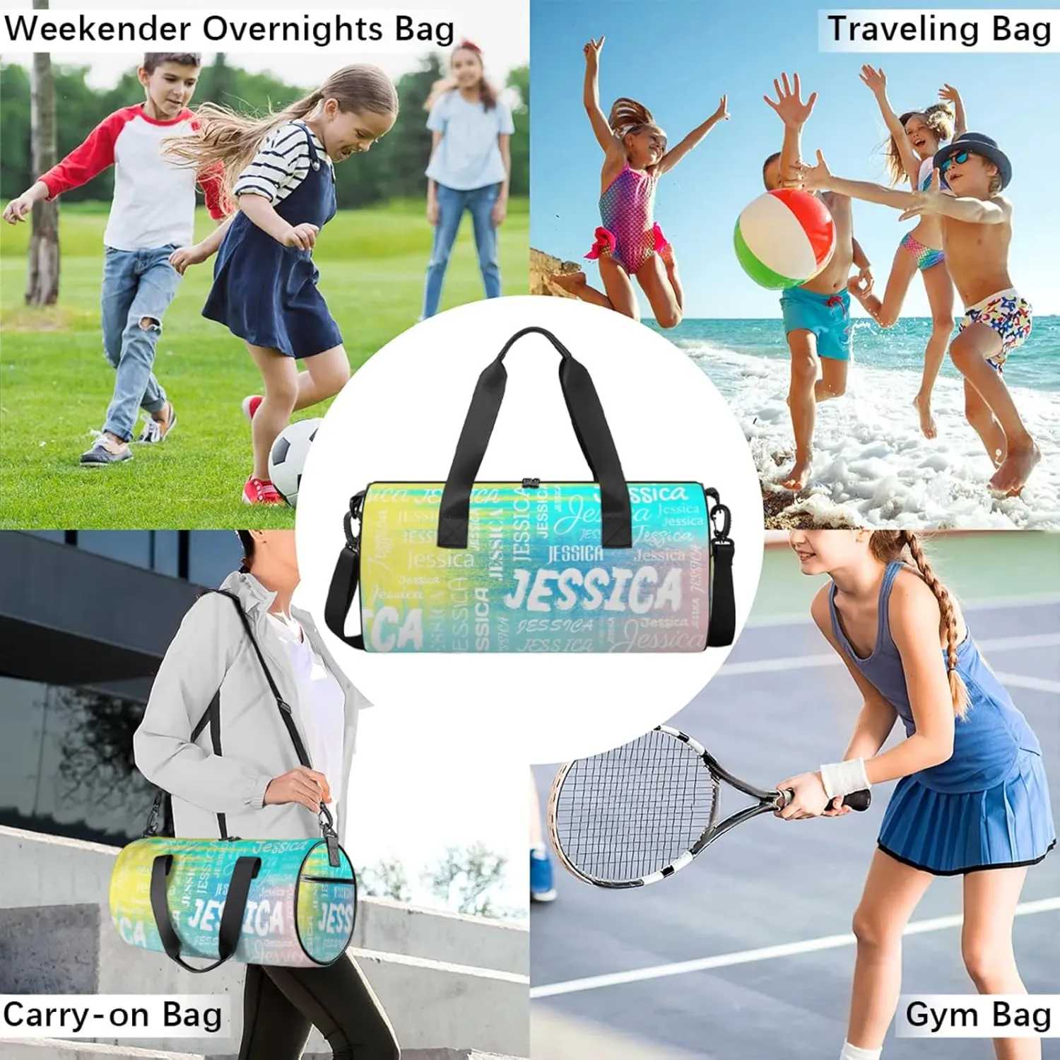Personalized Sport Gym Bag with Name, Custom Overnight Duffel Bags Travel Weekender Bag for Women Men Team Gifts, Blue Yellow Pinks