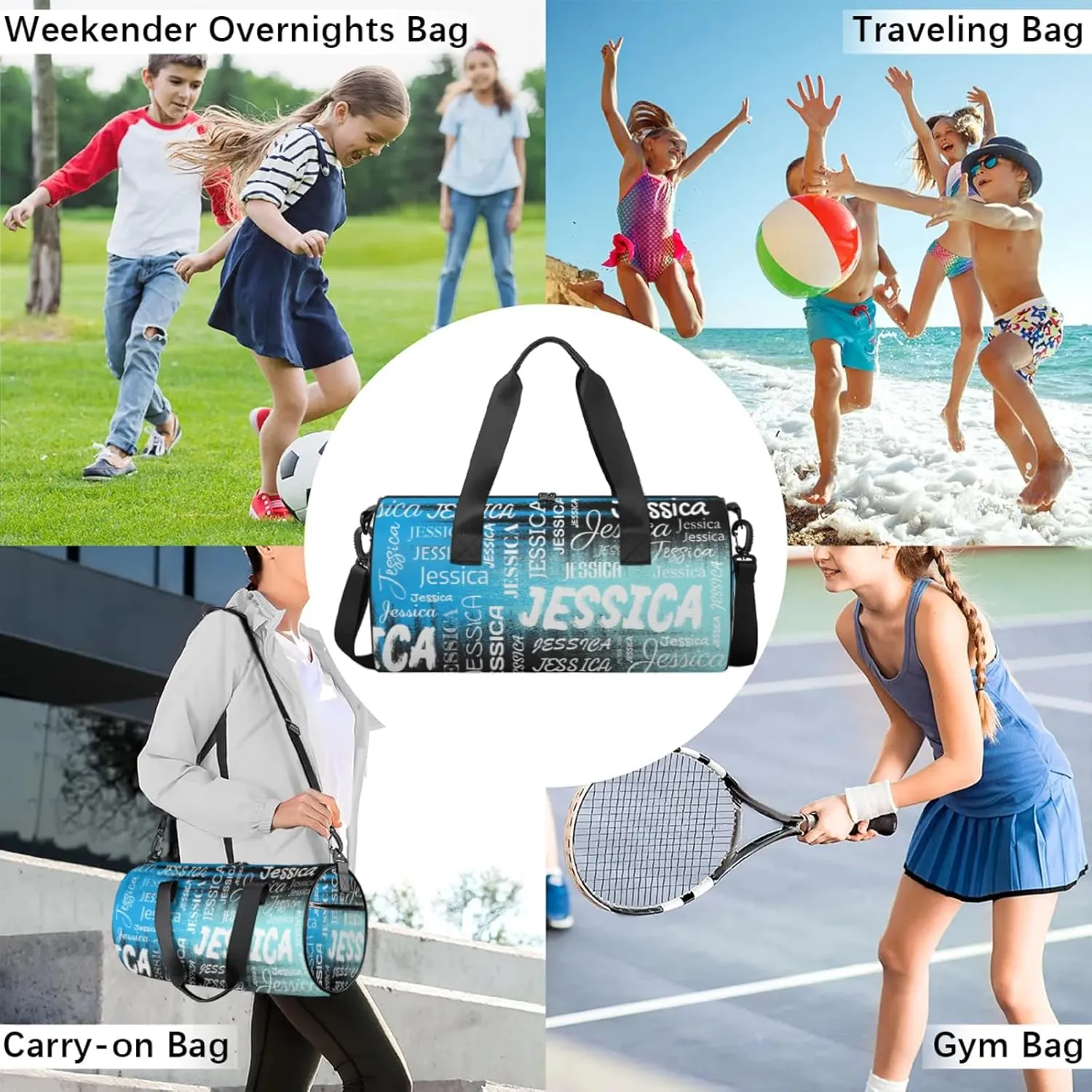 Personalized Sport Gym Bag with Name, Custom Overnight Duffel Bags Travel Weekender Bag for Women Men Team Gifts, Blue