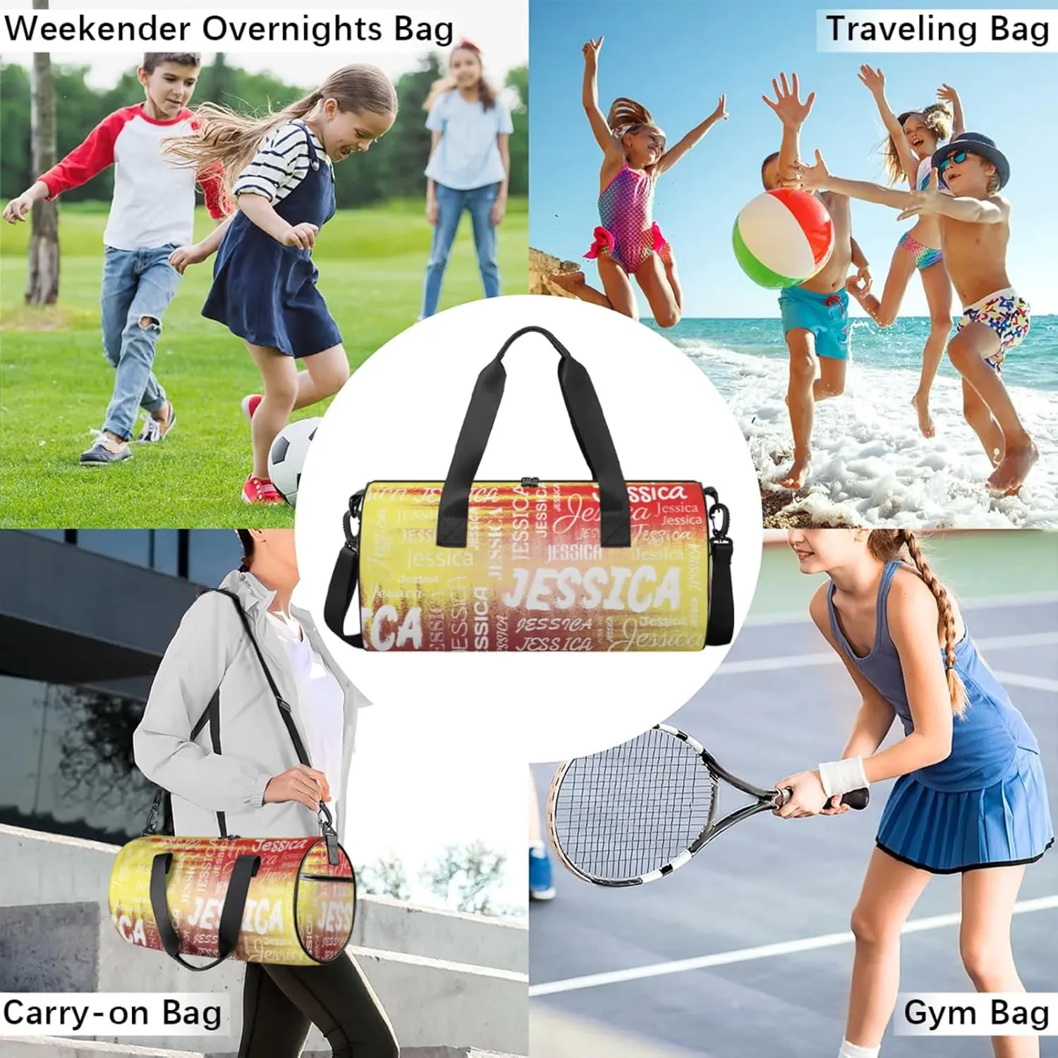 Personalized Sport Gym Bag with Name, Custom Overnight Duffel Bags Travel Weekender Bag for Women Men Team Gifts, Red Yellow