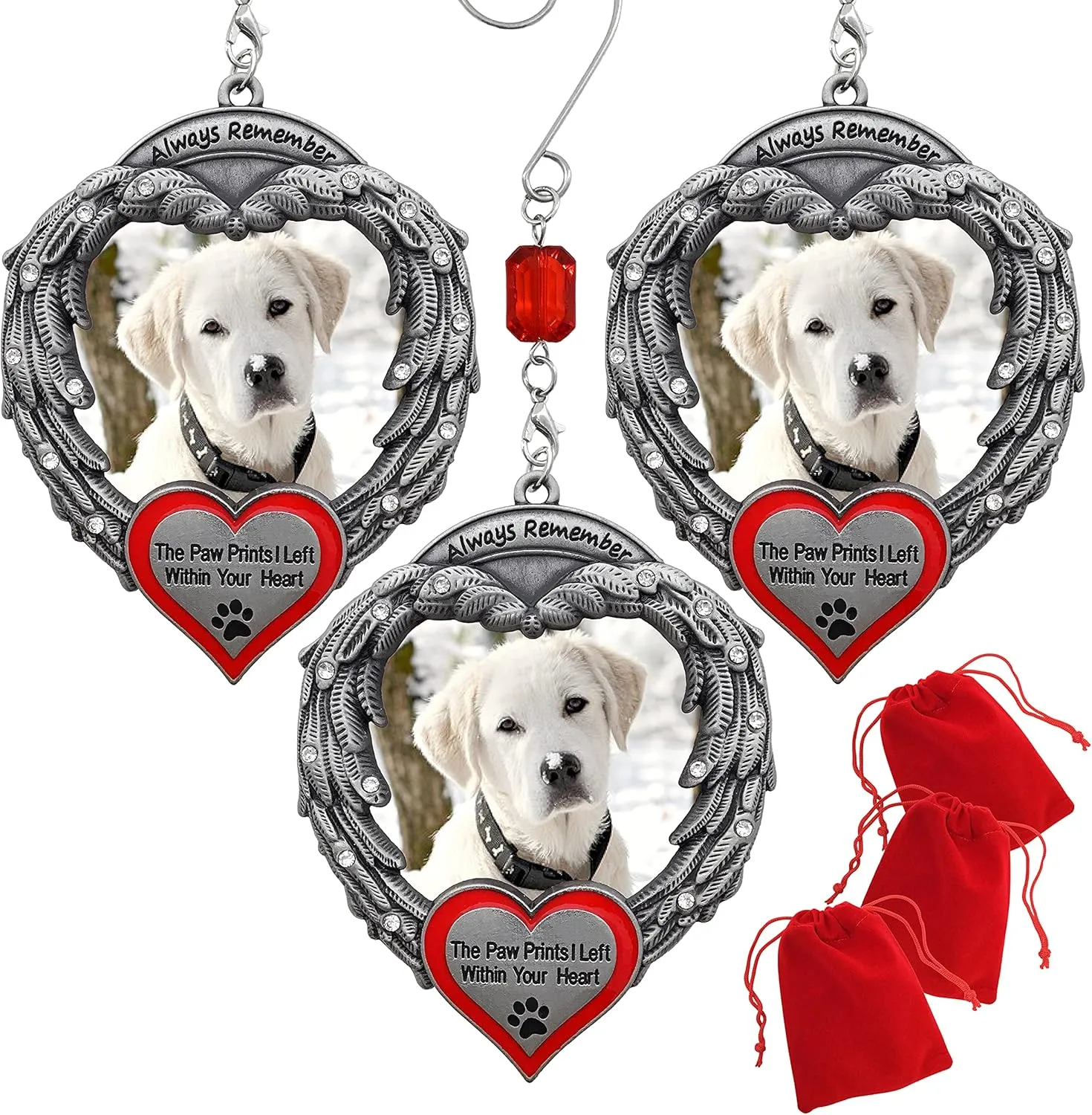 Pet Memorial Photo Christmas Ornaments – Always Remember The Paw Prints I Left Within Your Heart - Loss of a Pet - Set of 3 - Gift Storage Bags Included