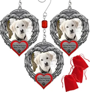 Pet Memorial Photo Christmas Ornaments – Always Remember The Paw Prints I Left Within Your Heart - Loss of a Pet - Set of 3 - Gift Storage Bags Included
