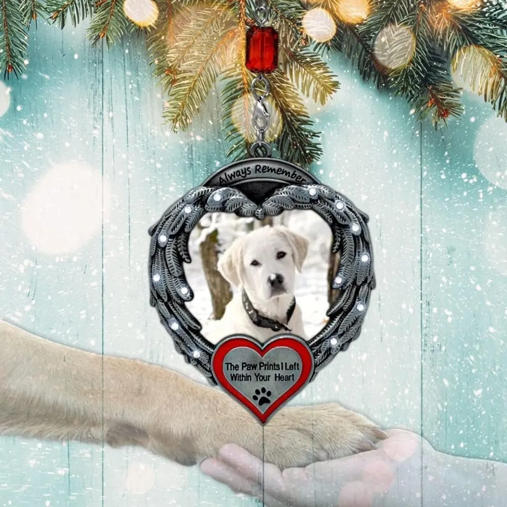 Pet Memorial Photo Christmas Ornaments – Always Remember The Paw Prints I Left Within Your Heart - Loss of a Pet - Set of 3 - Gift Storage Bags Included
