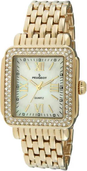 Peugeot Women Rectangle Dress Watch with Crystal Decorated Bezel, Roman Numerals and Bracelet