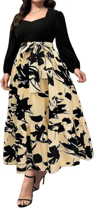 Plus Size Dress for Women - Vintage Floral Spring Dress Long Sleeve Empire Waist Bow Belted Color Block Swing Maxi Dress