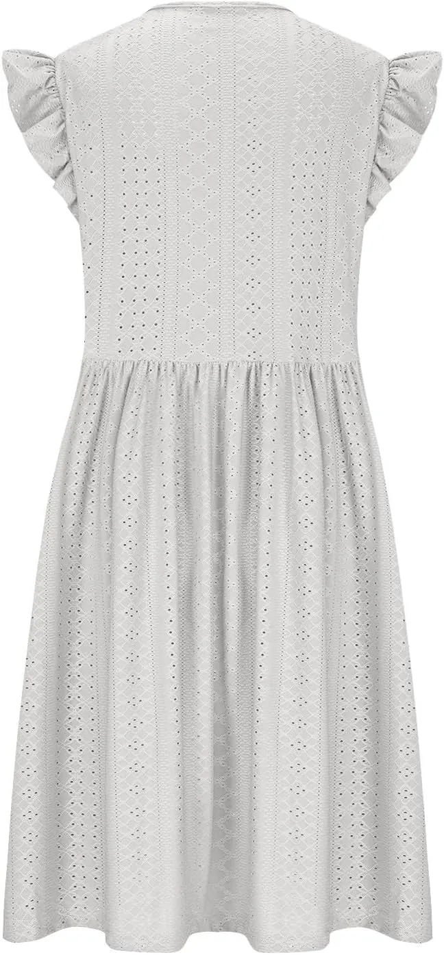 Plus Size Eyelet Sundresses for Women Summer Beach Criss Cross V Neck Ruffle Sleeve Pleated A Line Flowy Tank Dresses