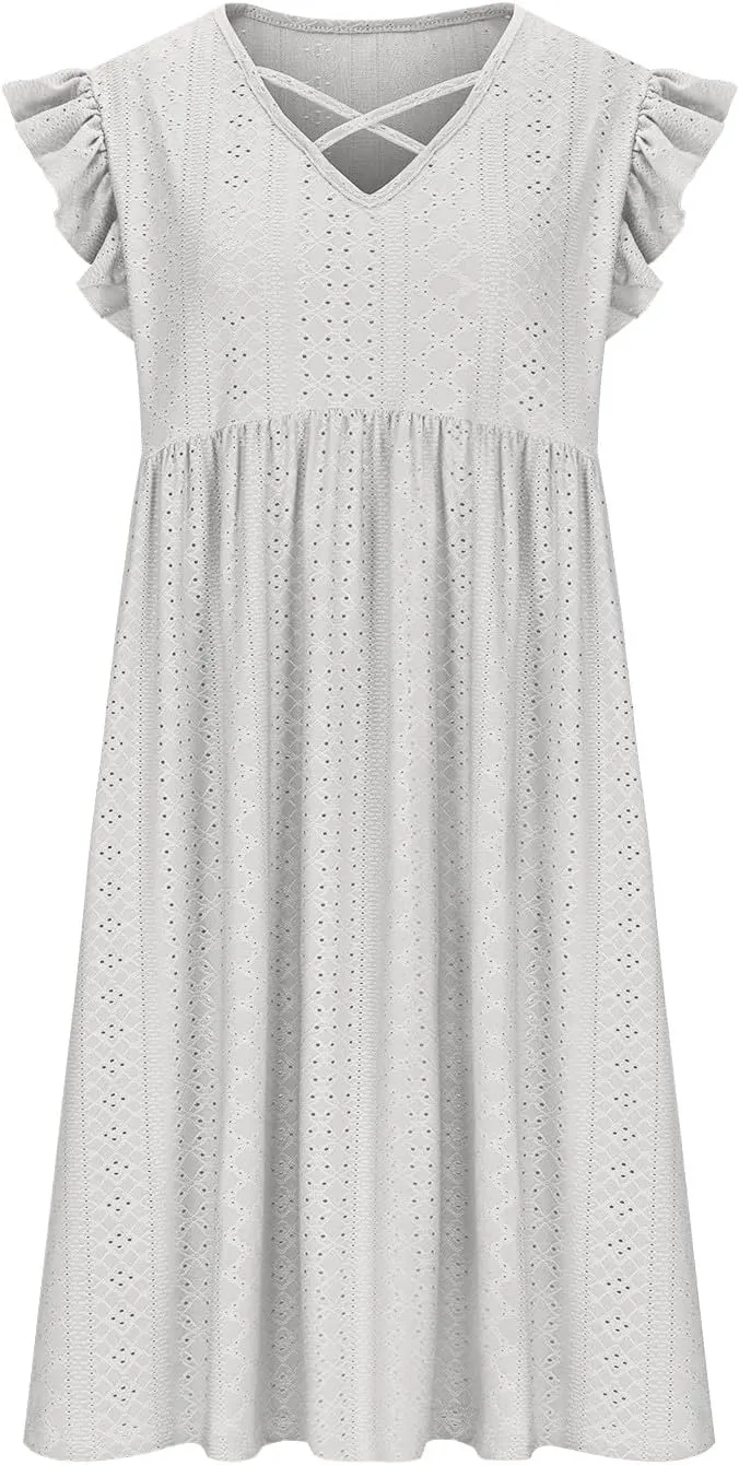 Plus Size Eyelet Sundresses for Women Summer Beach Criss Cross V Neck Ruffle Sleeve Pleated A Line Flowy Tank Dresses