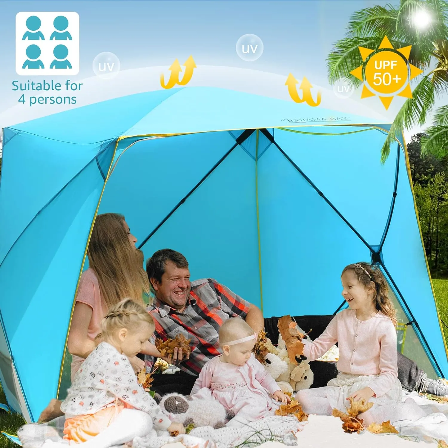 Pop Up Beach Tent, Portable Shade Sun Shelter UPF50  UV Protection for 4 Person Extendable Floor for Fishing Hiking Camping, Waterproof Windproof(Blue)