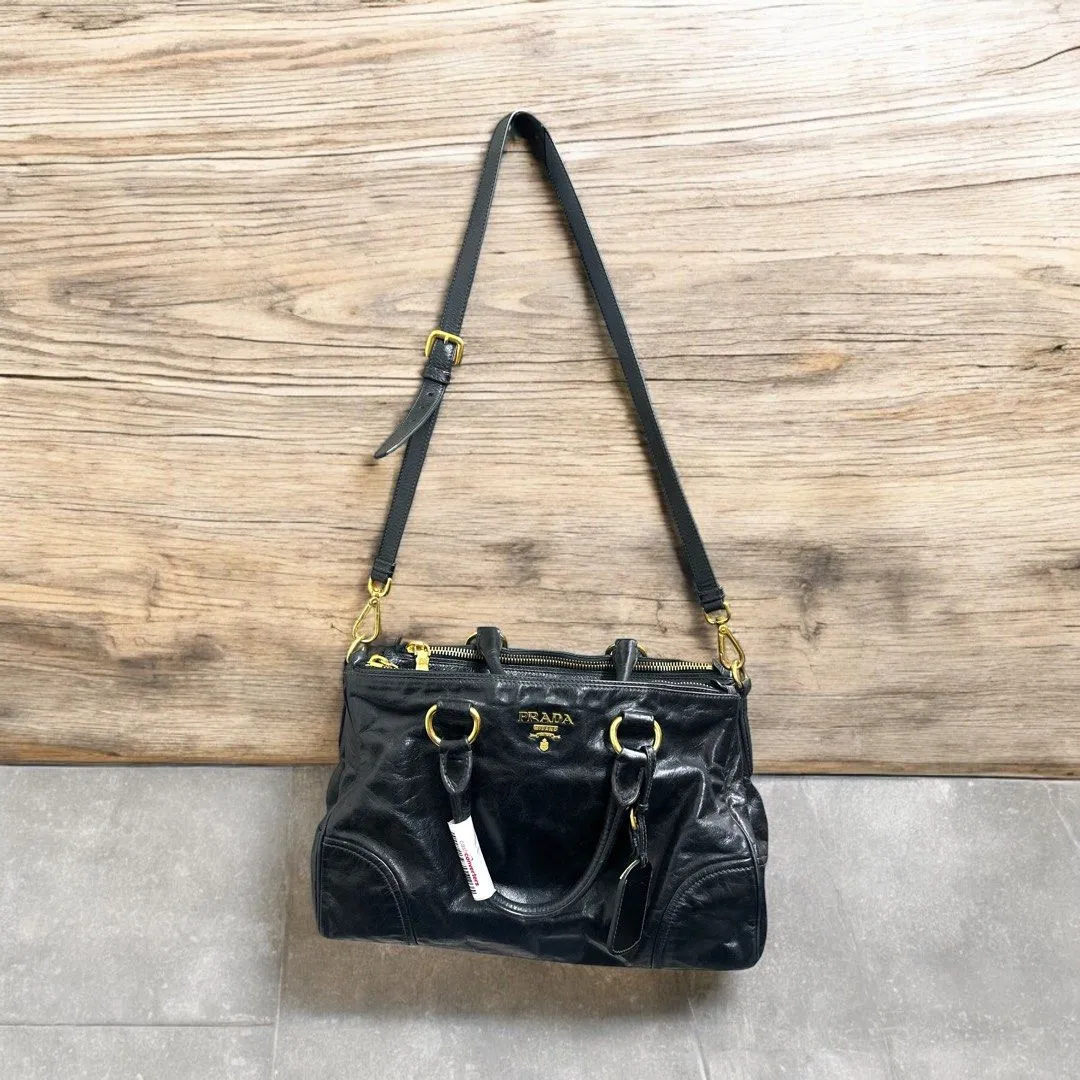 Prada Vitello Shine Black Patent Leather Satchel (H18 x L34 x W12 cm)