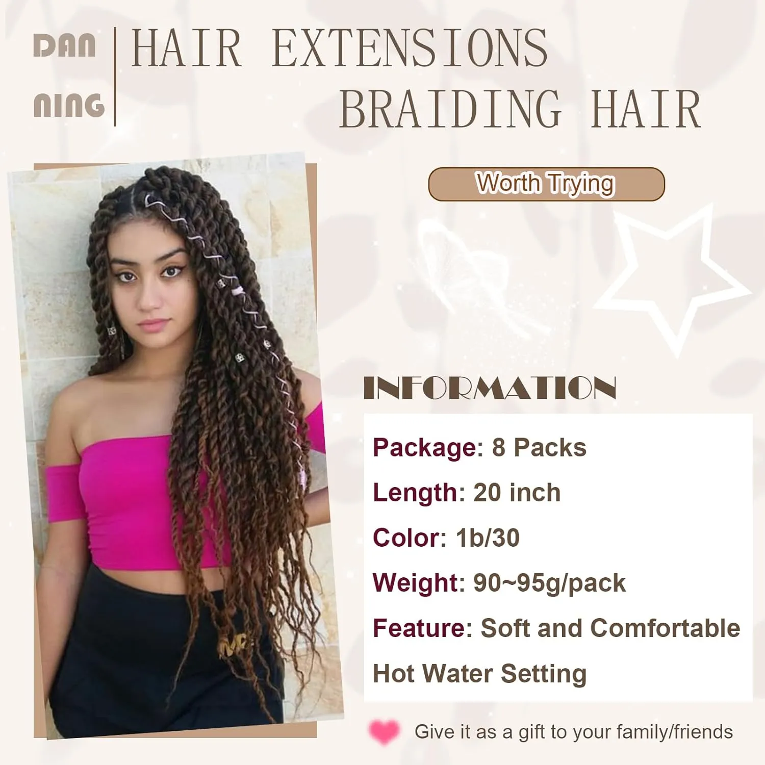 Pre-stretched Braiding Hair,Silky Braid Hair Extensions, Itch Free Crochet Twist Hair Braids, Yaki Texture Original Braiding Hair Pre Stretched(20''-8 packs, 1b30)