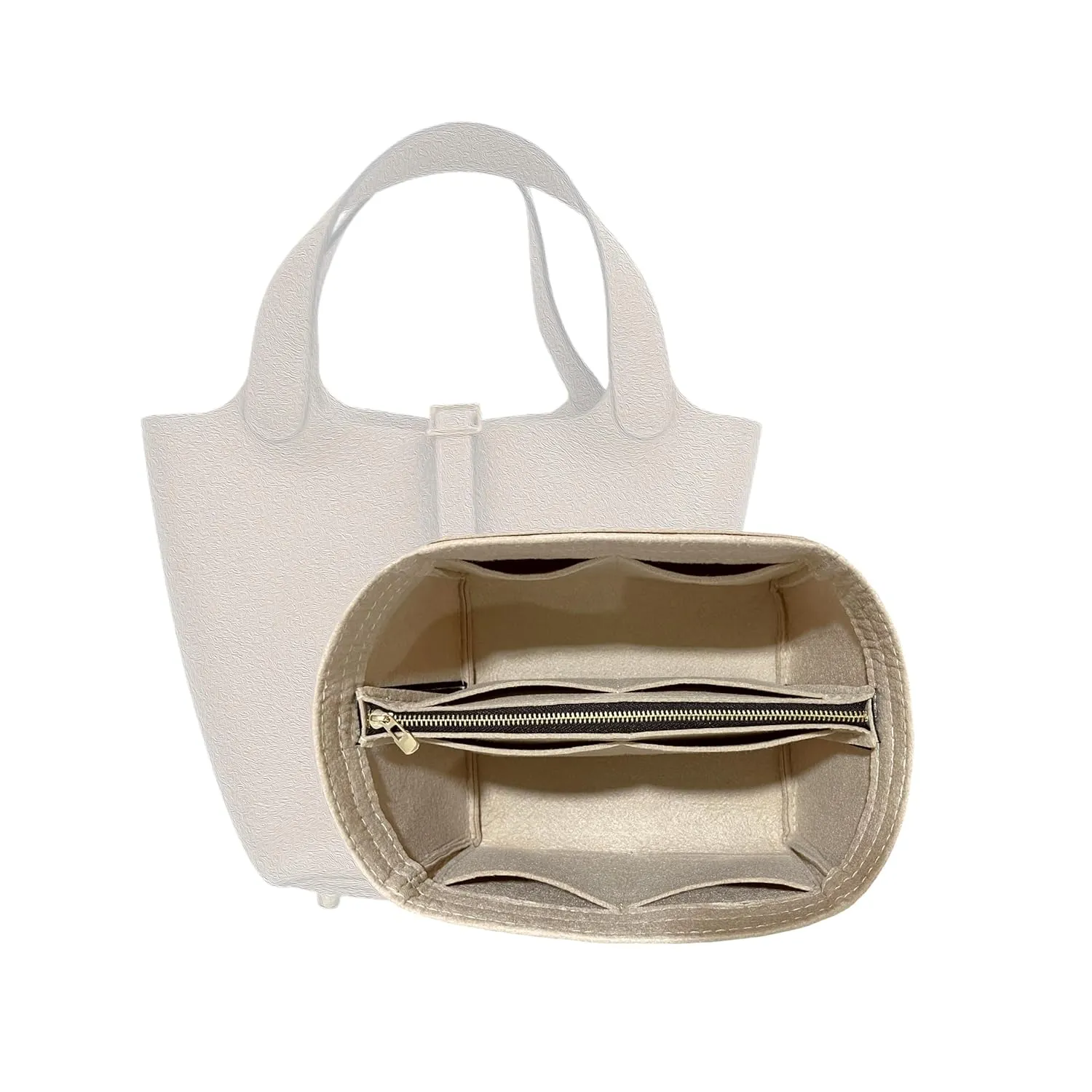Premium Purse Organizer compatible with Hermes Picotin 22 Bag Organizer Insert, Oval Shaped 2mm Thick Felt Insert Snug Sturdy Gold Zipper (For Picotin 26 (GM), Geyser Blue)